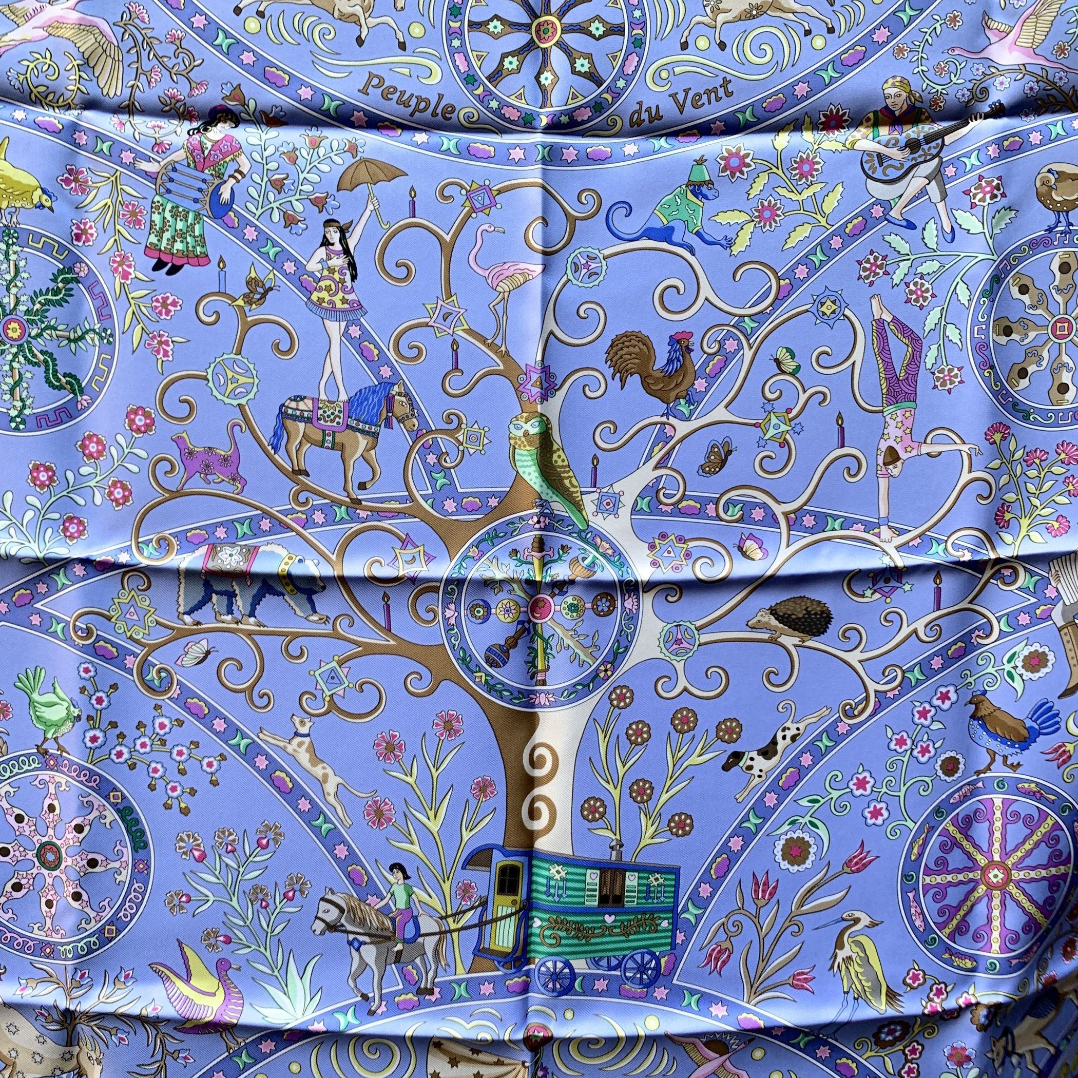 Women's Hermes Paris Light Blue Silk Scarf Peuple du Vent 2009 Christine Henry