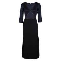 HERMES Paris Midnight Blue Silk and Leather Maxi Dress