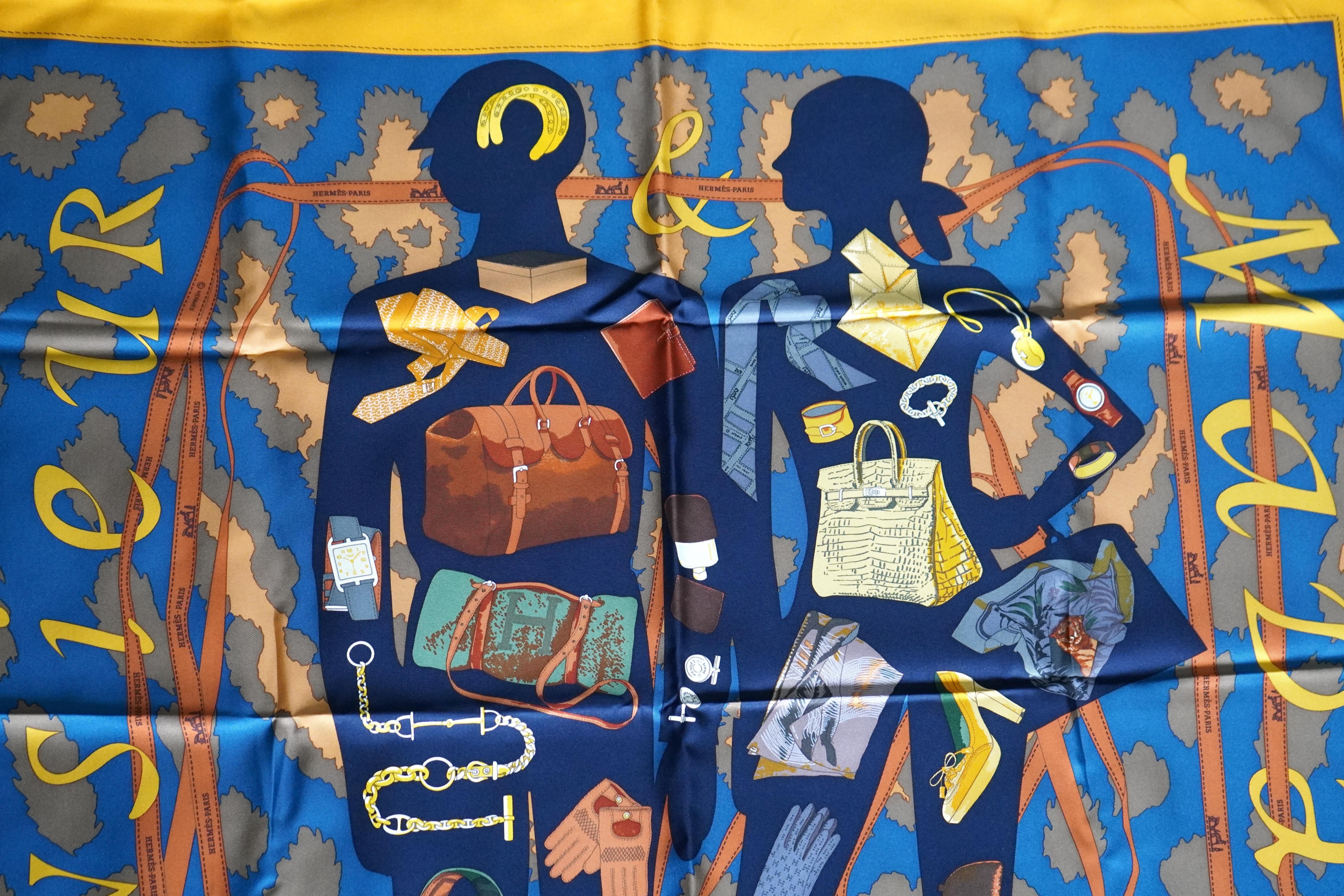 Hermes Paris Monsieur Et Madame Silk Scarf In Excellent Condition For Sale In Beverly Hills, CA