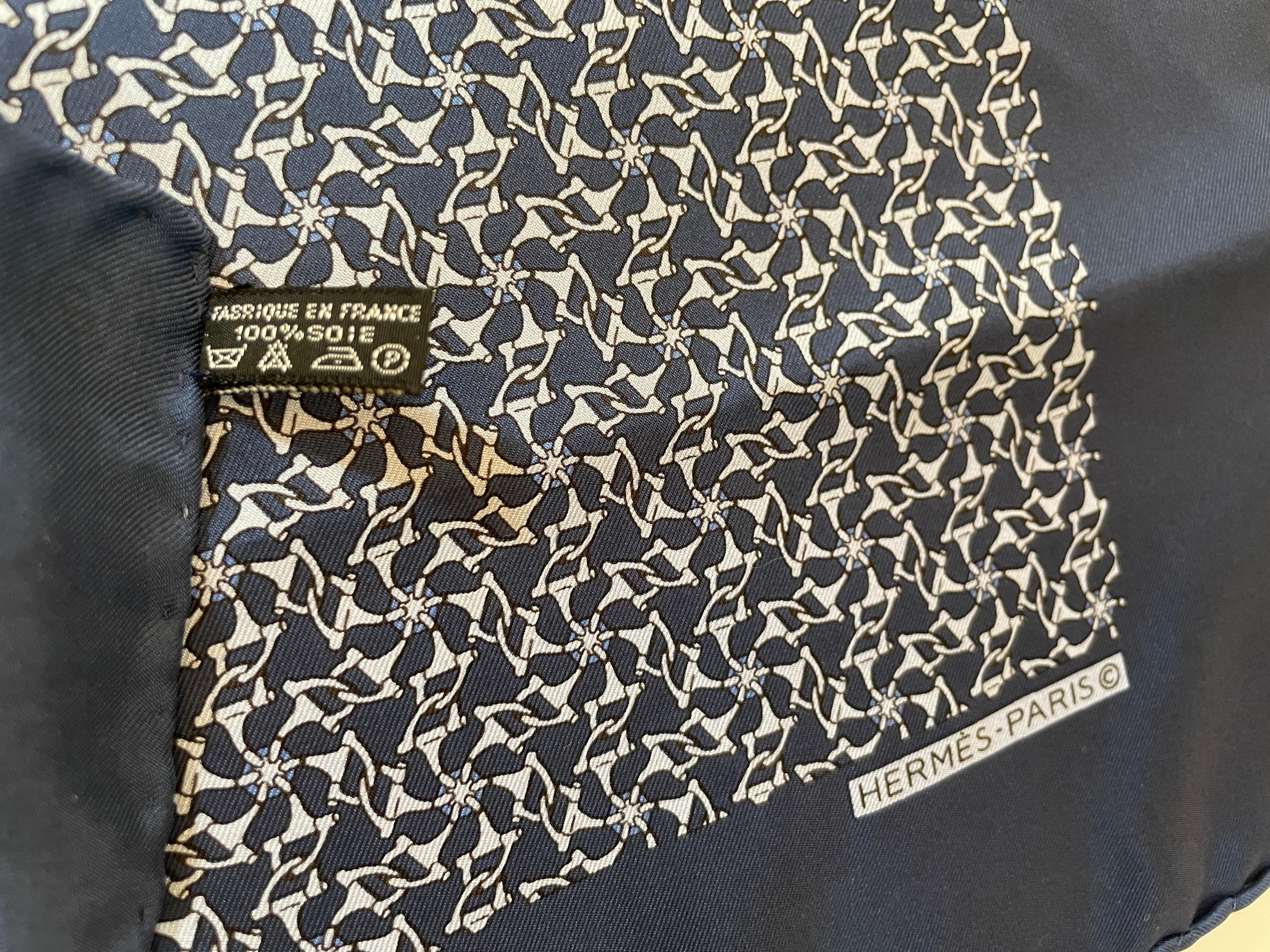 HERMES PARIS Navy Blue Equestrian Horse Bit Pattern Silk Scarf Pocket Square  For Sale 6