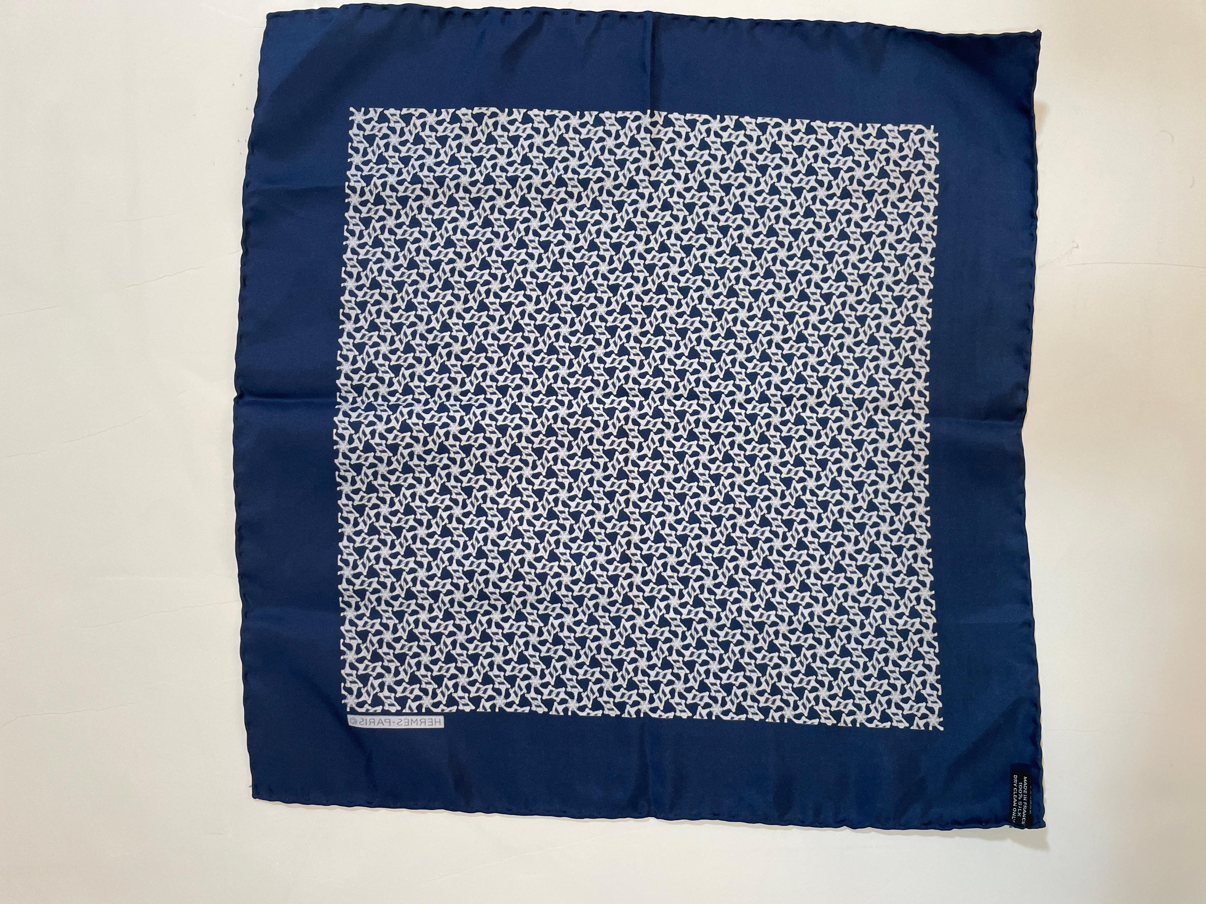 HERMES PARIS Navy Blue Equestrian Horse Bit Pattern Silk Scarf Pocket Square For Sale 6