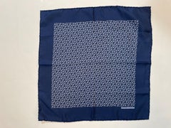 Vintage HERMES PARIS Navy Blue Equestrian Horse Bit Pattern Silk Scarf Pocket Square 