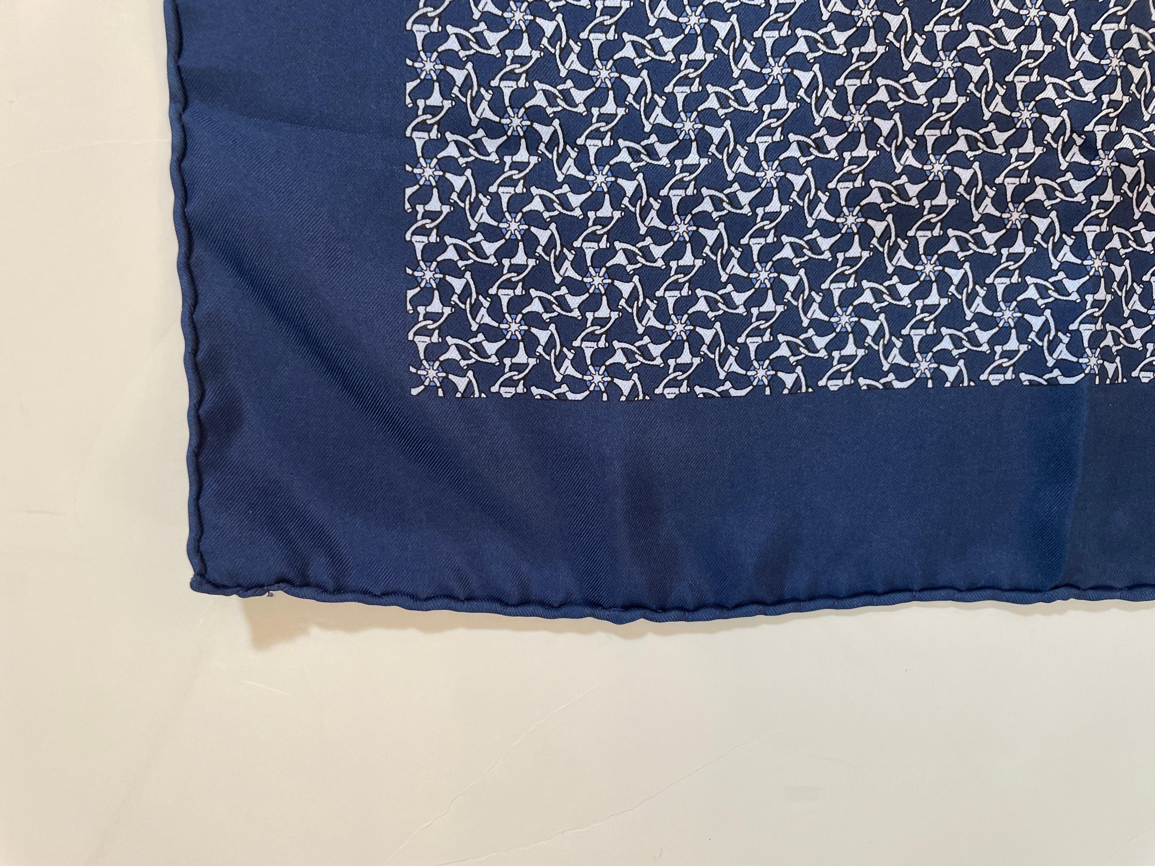 HERMES PARIS Navy Blue Equestrian Horse Bit Pattern Silk Scarf Pocket Square In Good Condition For Sale In North Hollywood, CA