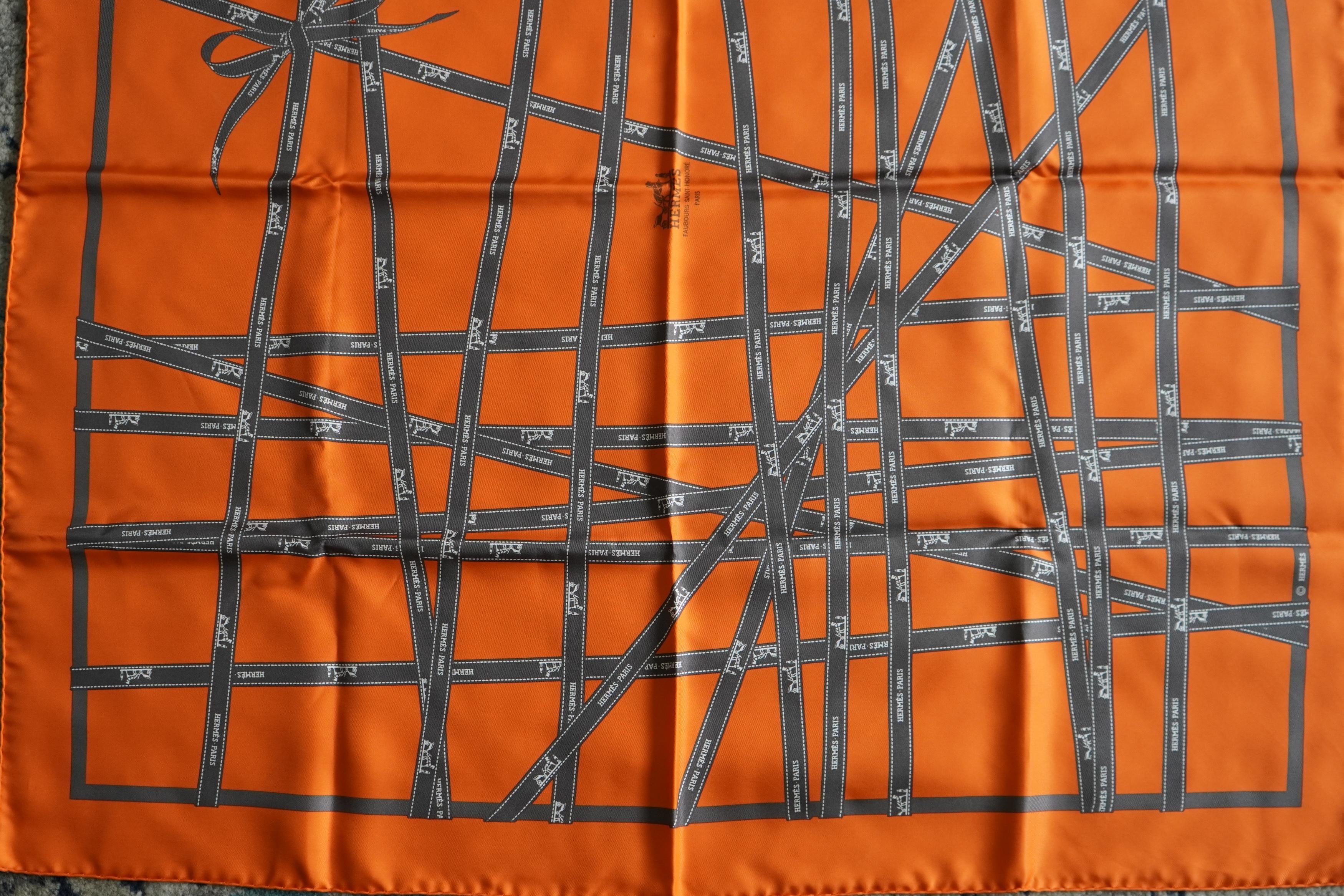 Hermes Paris Orange Bolduc Ribbon Vintage Silk Scarf 1