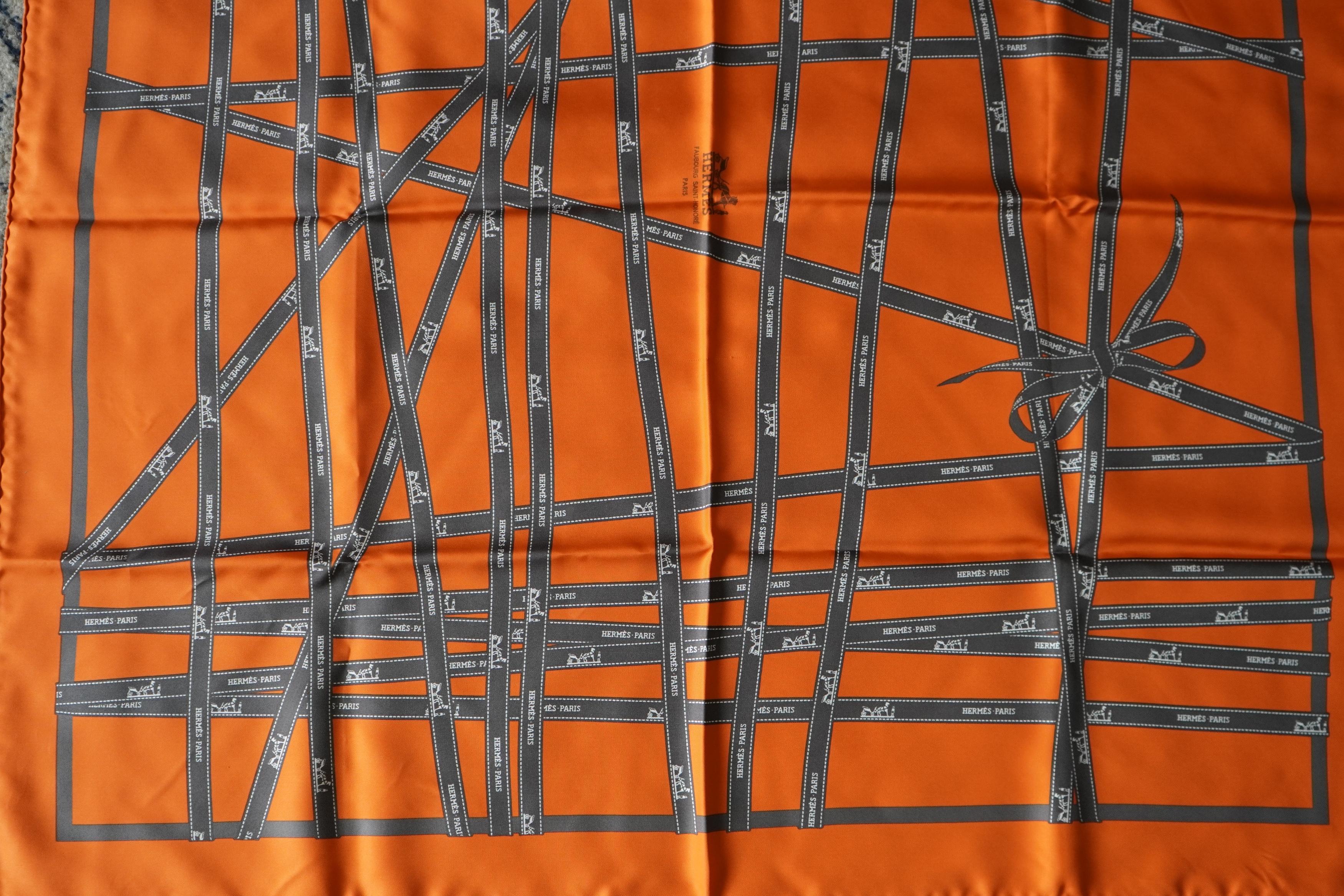 Hermes Paris Orange Bolduc Ribbon Vintage Silk Scarf 2