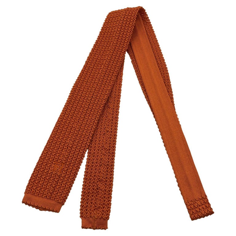 Hermes Paris Orange Tricot de Soie Embroidered H Knit Silk Neck Tie For  Sale at 1stDibs