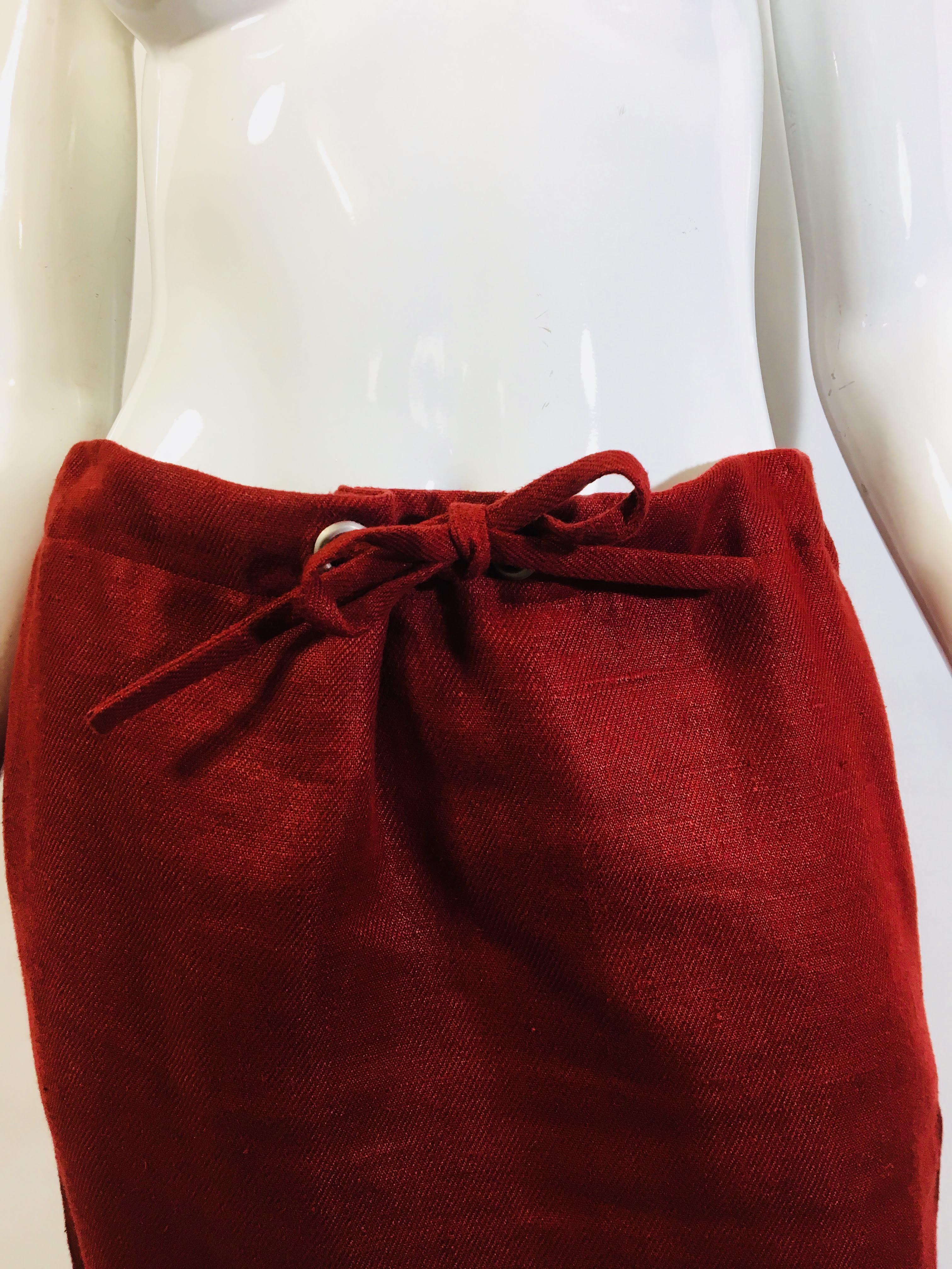 Hermes Paris Red Linen Pencil Skirt with Drawstring Detail
Size 38