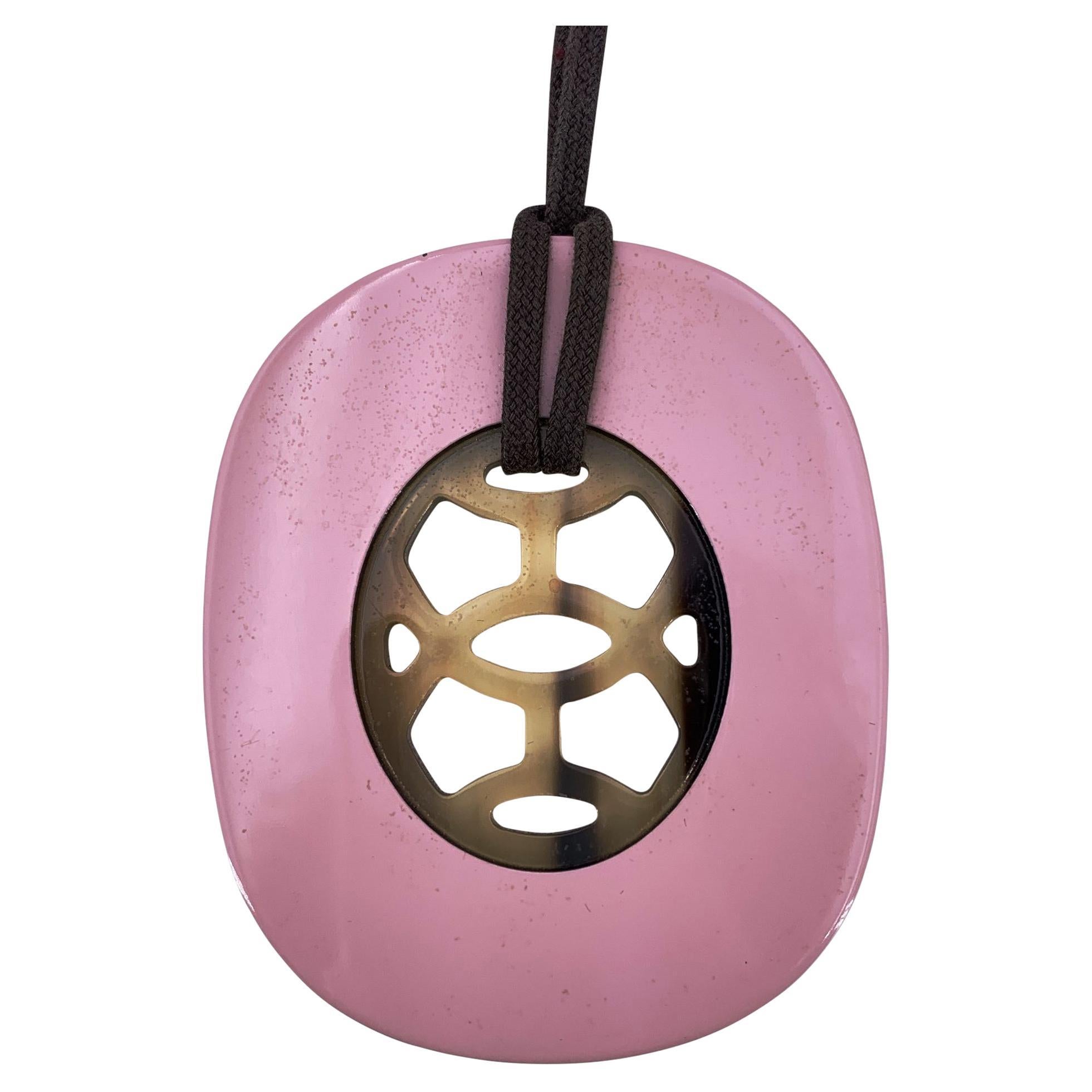 Hermès Paris Pink Lacquered Wood Lift Necklace Oval Pendant For Sale