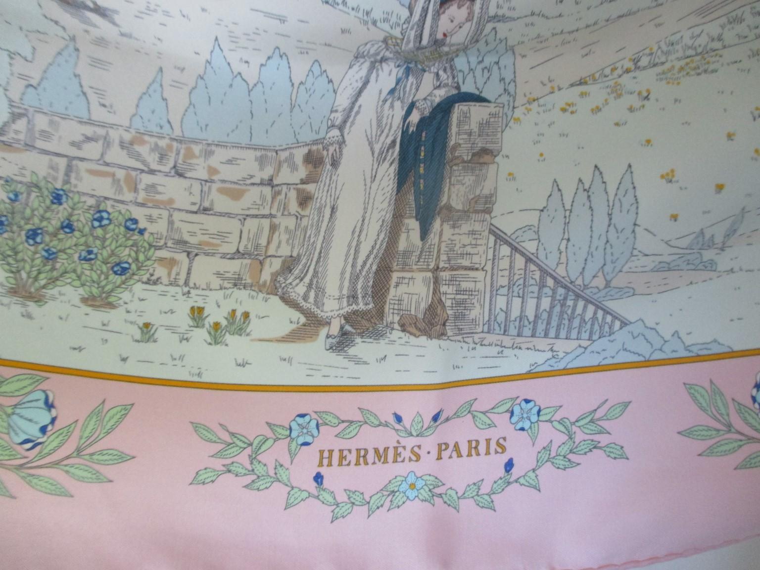 Gray Hermes Paris Pink Silk Scarf 