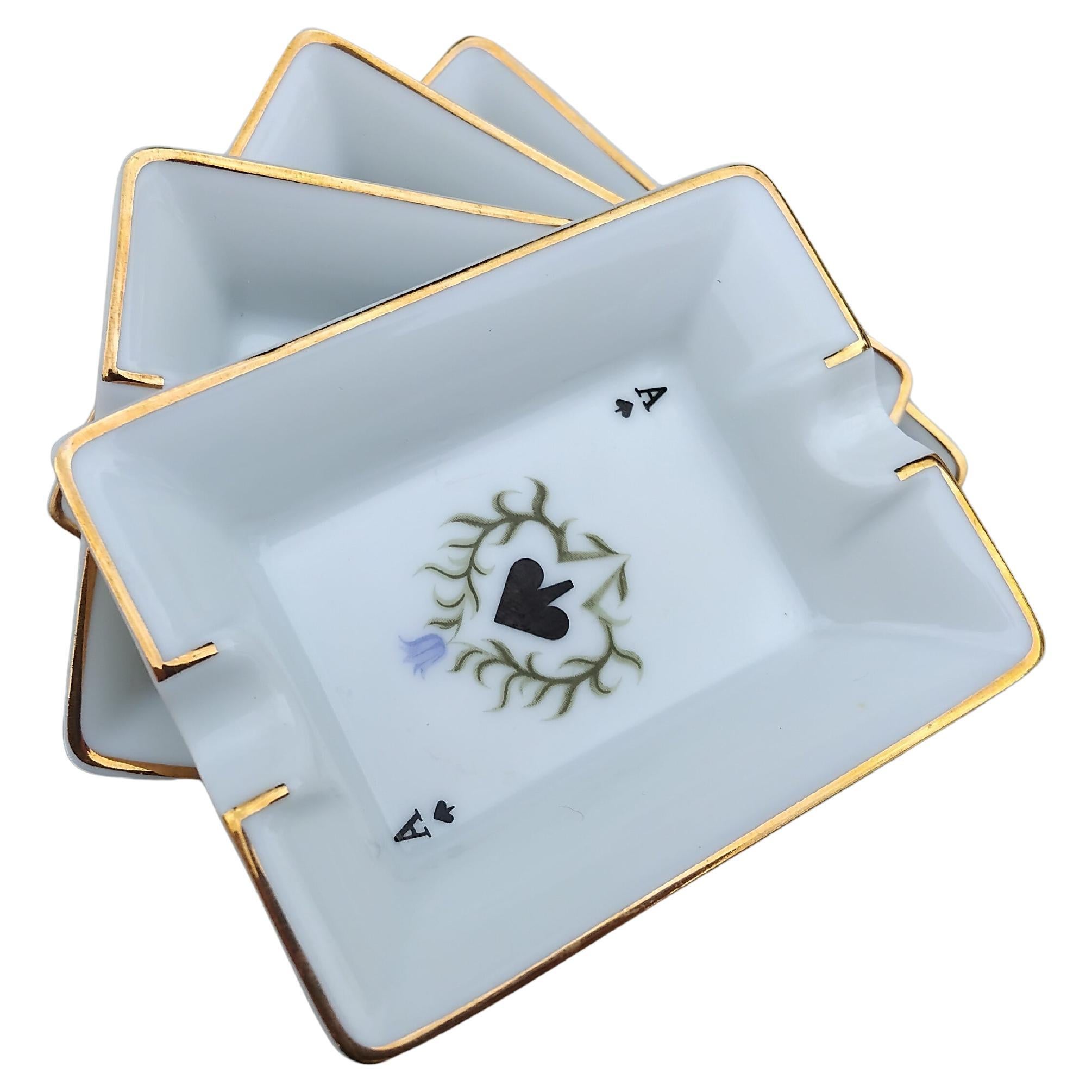 Hermès Paris Playing Cards Four Mini Ashtrays Porcelain Gold Ace Poker For Sale 7