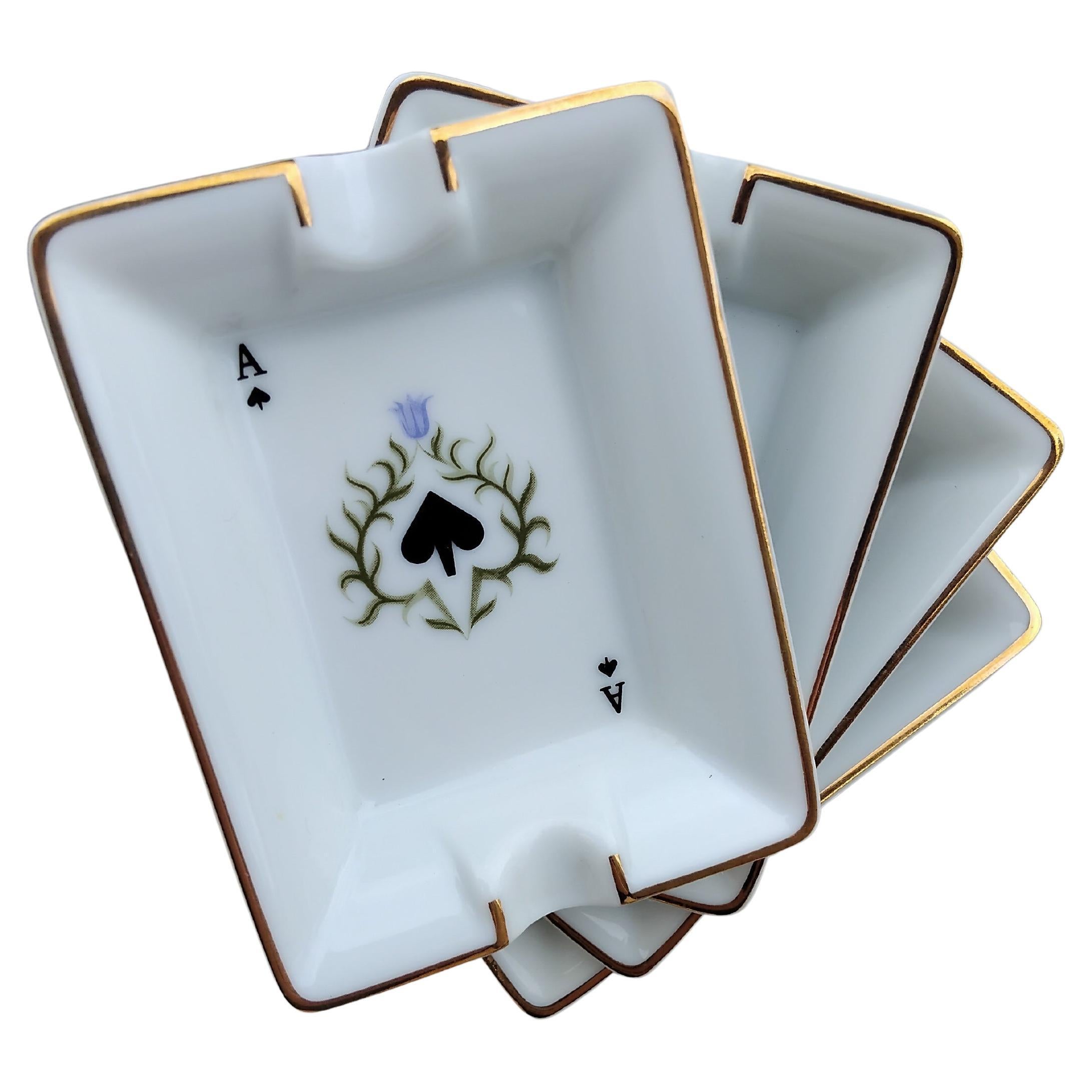 Hermès Paris Carte da gioco Quattro Mini Posacenere Porcellana Oro Asso Poker in vendita 8
