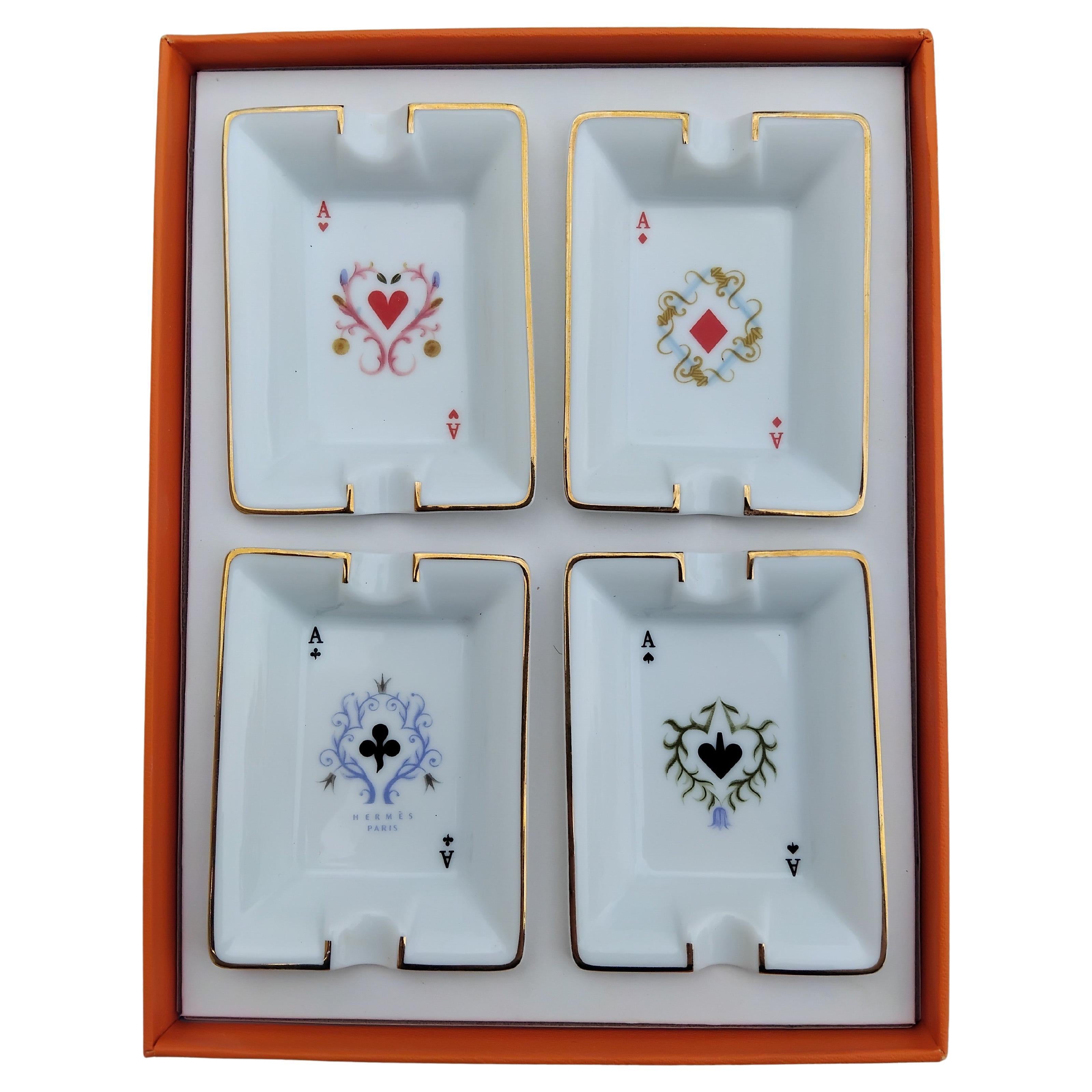 Hermès Paris Playing Cards Four Mini Ashtrays Porcelain Gold Ace Poker For Sale 11