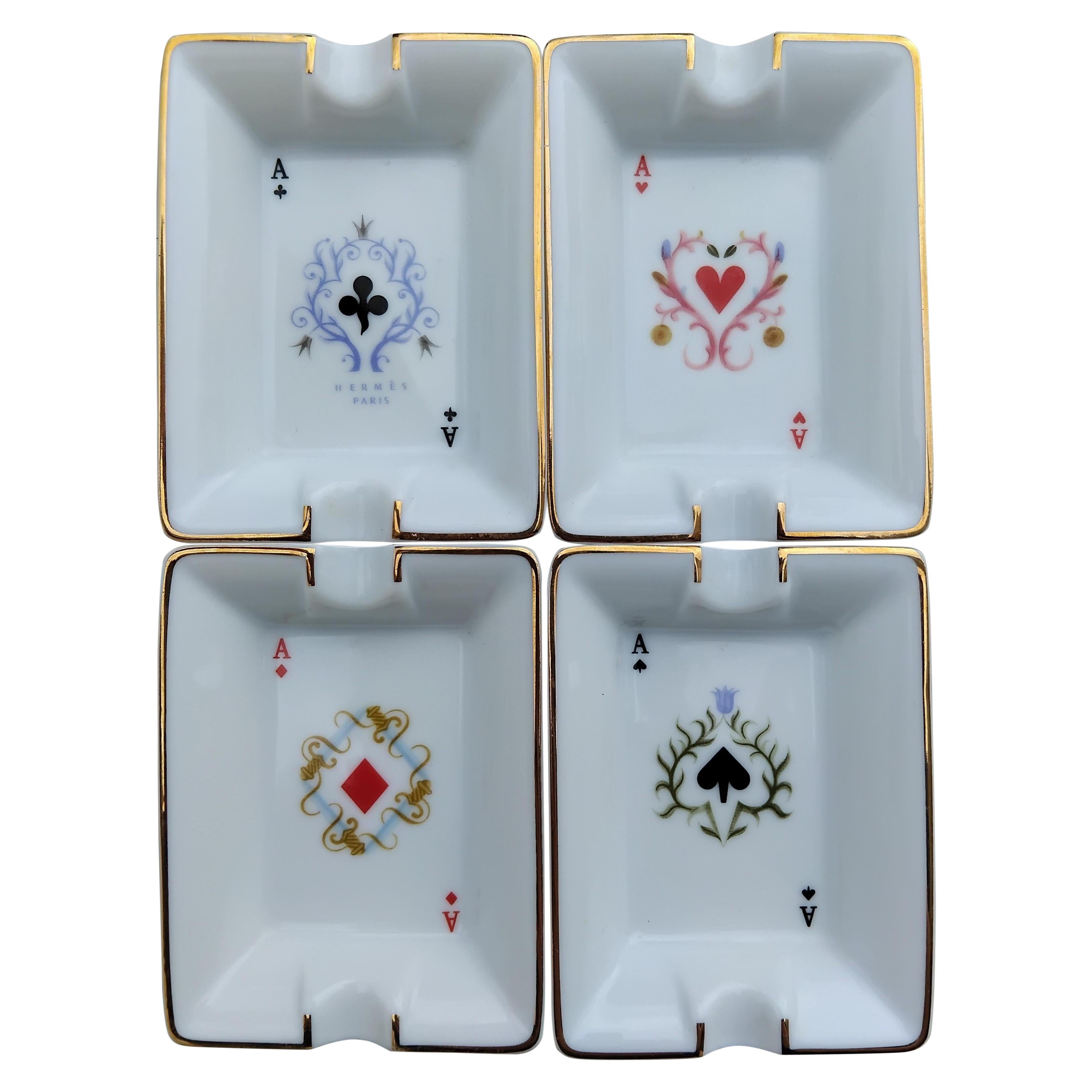 Hermès Paris Playing Cards Four Mini Ashtrays Porcelain Gold Ace Poker For Sale 14