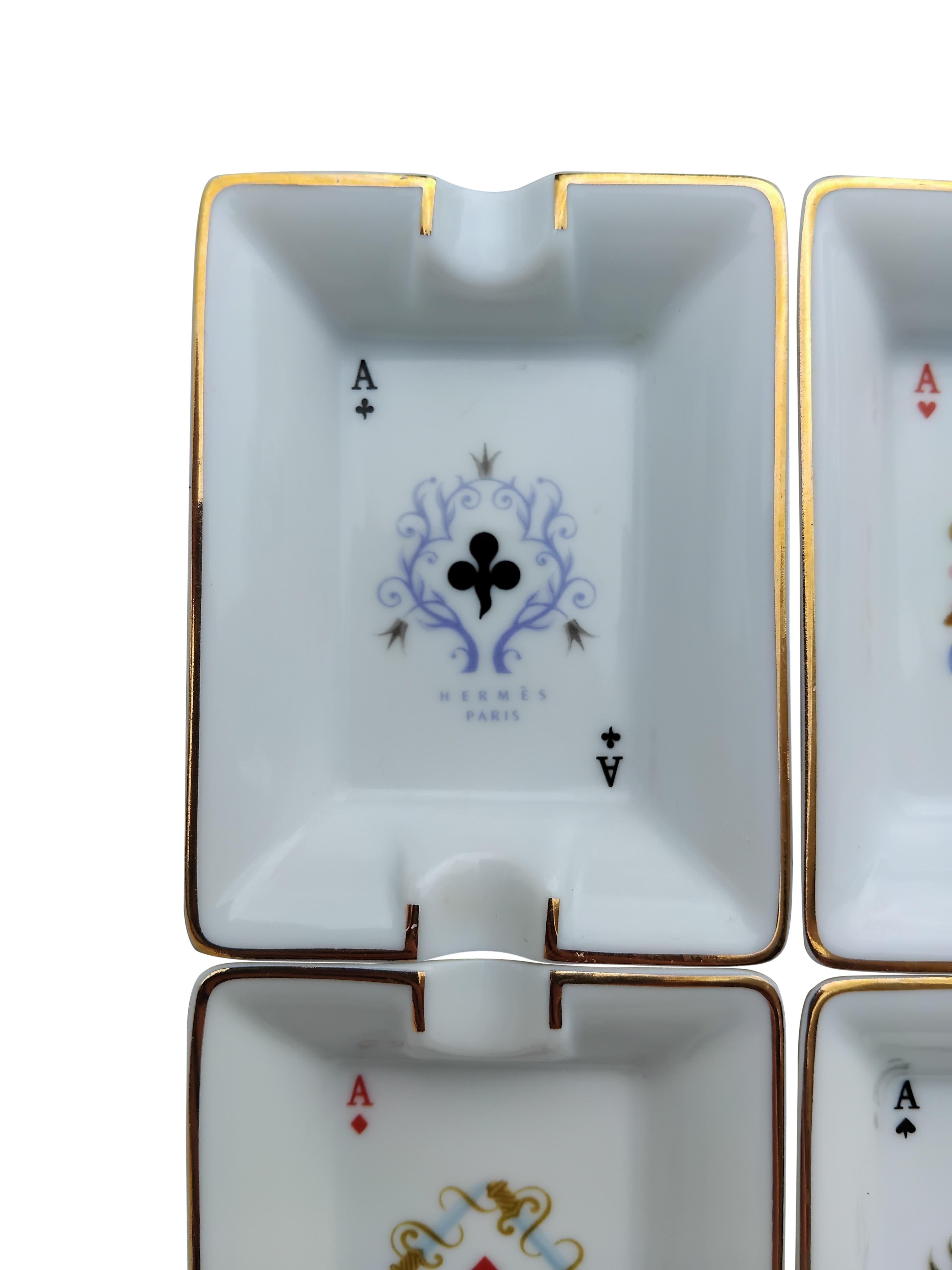 Gray Hermès Paris Playing Cards Four Mini Ashtrays Porcelain Gold Ace Poker For Sale