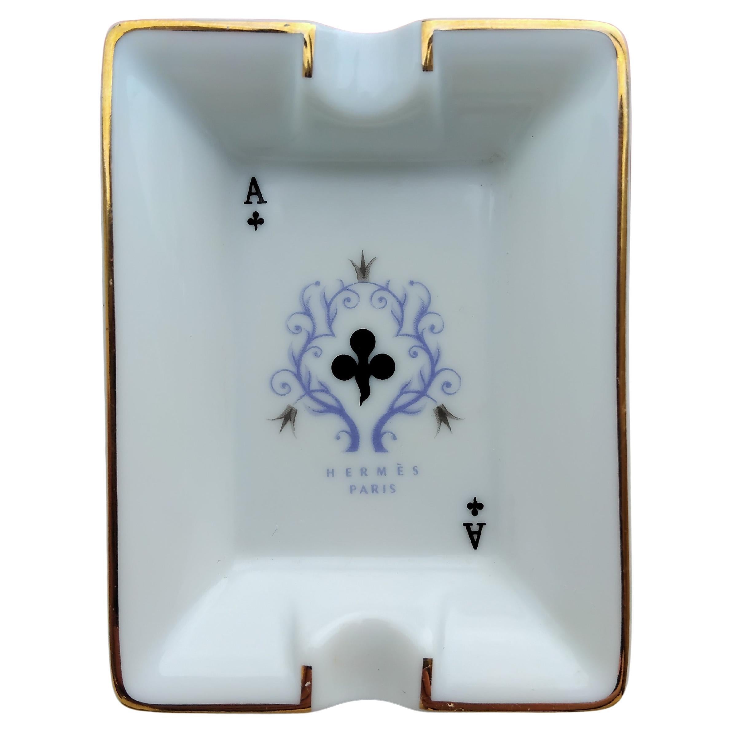 Women's or Men's Hermès Paris Playing Cards Four Mini Ashtrays Porcelain Gold Ace Poker For Sale