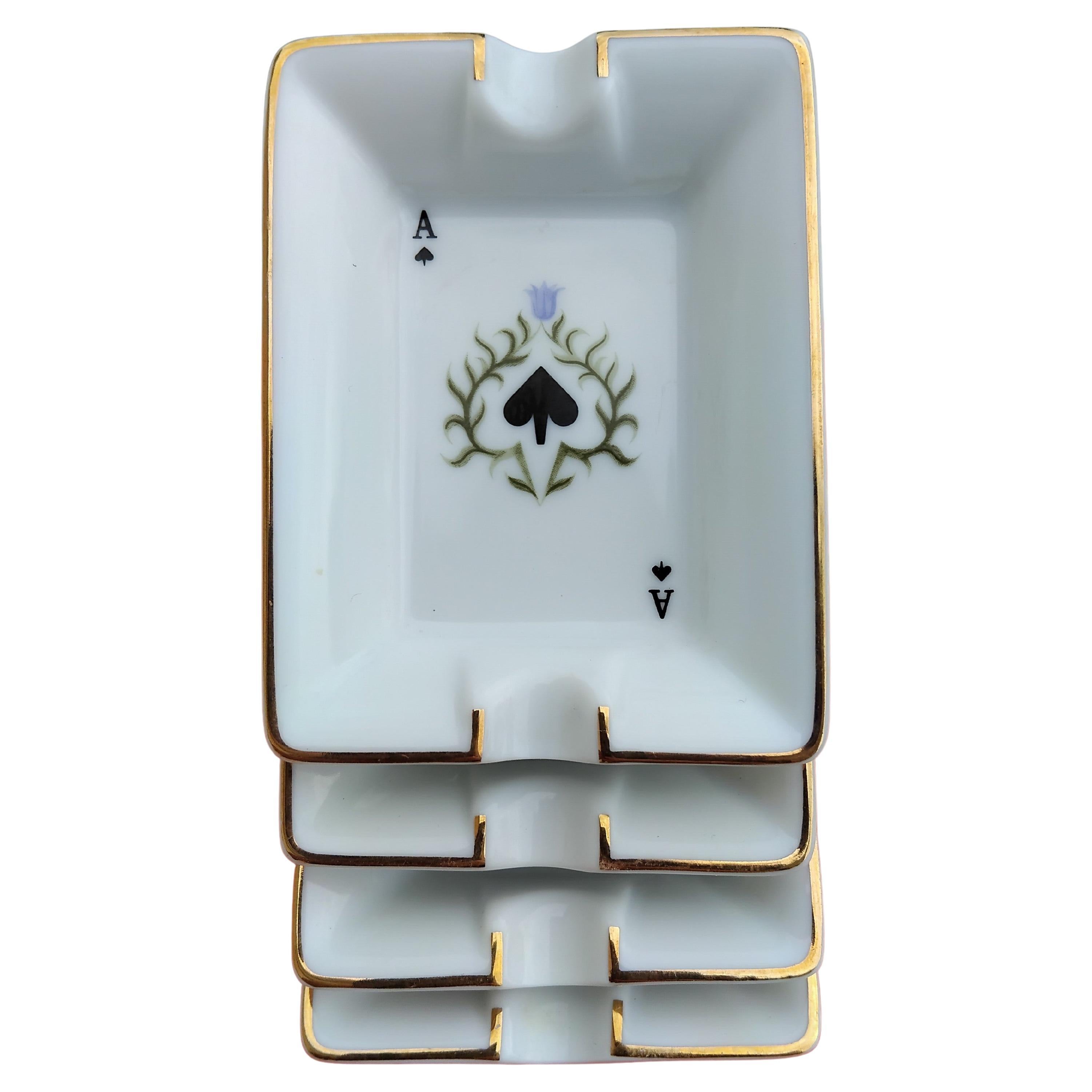 Hermès Paris Playing Cards Four Mini Ashtrays Porcelain Gold Ace Poker For Sale 4