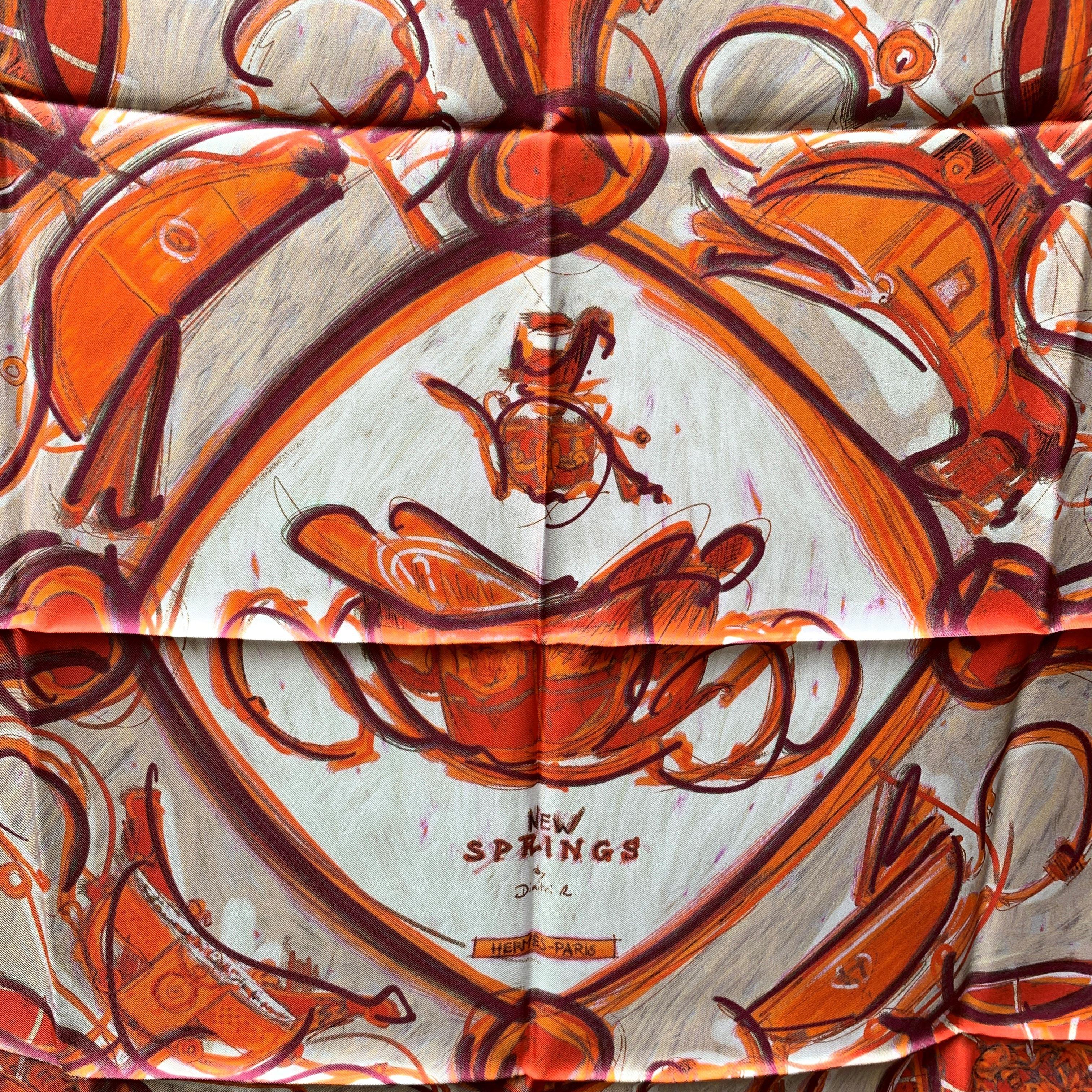 Hermes Paris Silk Scarf 'New Springs', designed by Dimitri Rybaltchenko, from the 2009 collection. It is a reinterpretation of Philippe Ledoux's classic 1974 Springs design. It depicts in its center the phaeton carriage belonging to Napoleon I's