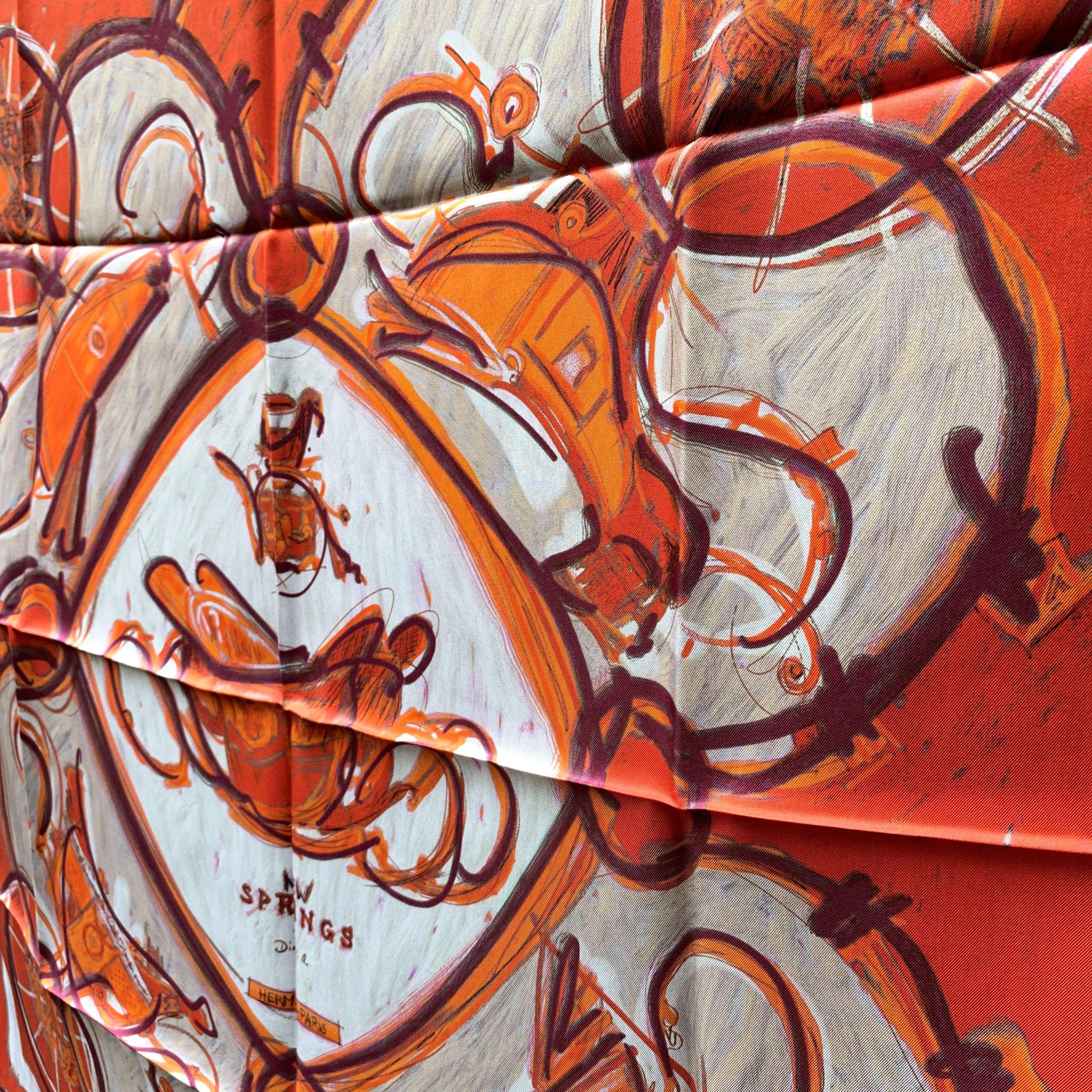 Women's Hermes Paris Red and Orange Silk Scarf New Springs 2009 Rybaltchenko For Sale