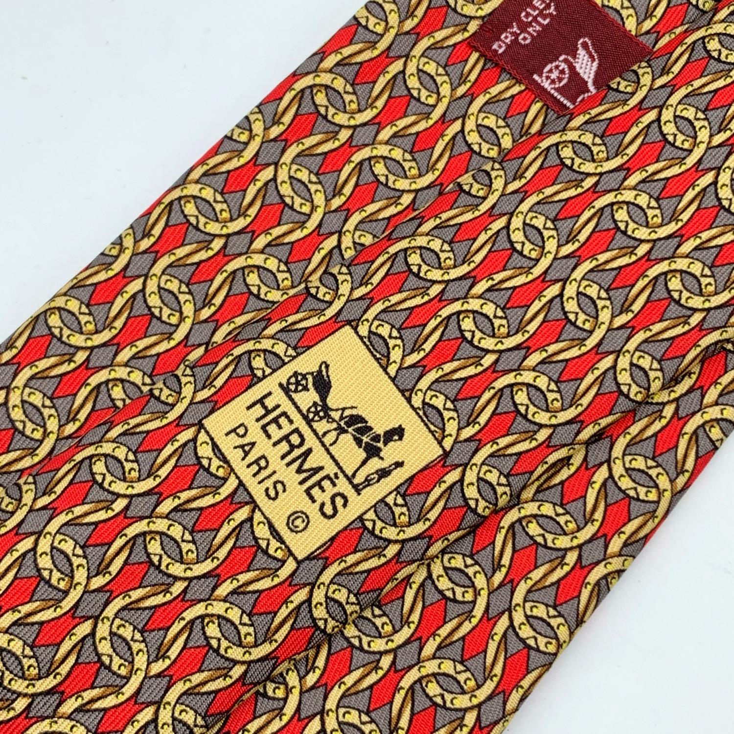 Brown Hermes Paris Red and Yellow Silk Chain Link Print Neck Tie 7668 TA