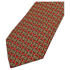 Used Hermes Paris Red and Yellow Silk Chain Link Print Neck Tie 7668 TA
