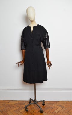 HERMÈS Paris Selvedge Worsted Black Wool and Lambskin Leather Button Down Dress