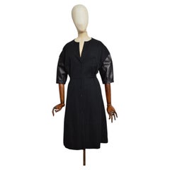 HERMÈS Paris Selvedge Worsted Black Wool and Lambskin Leather Button Down Dress