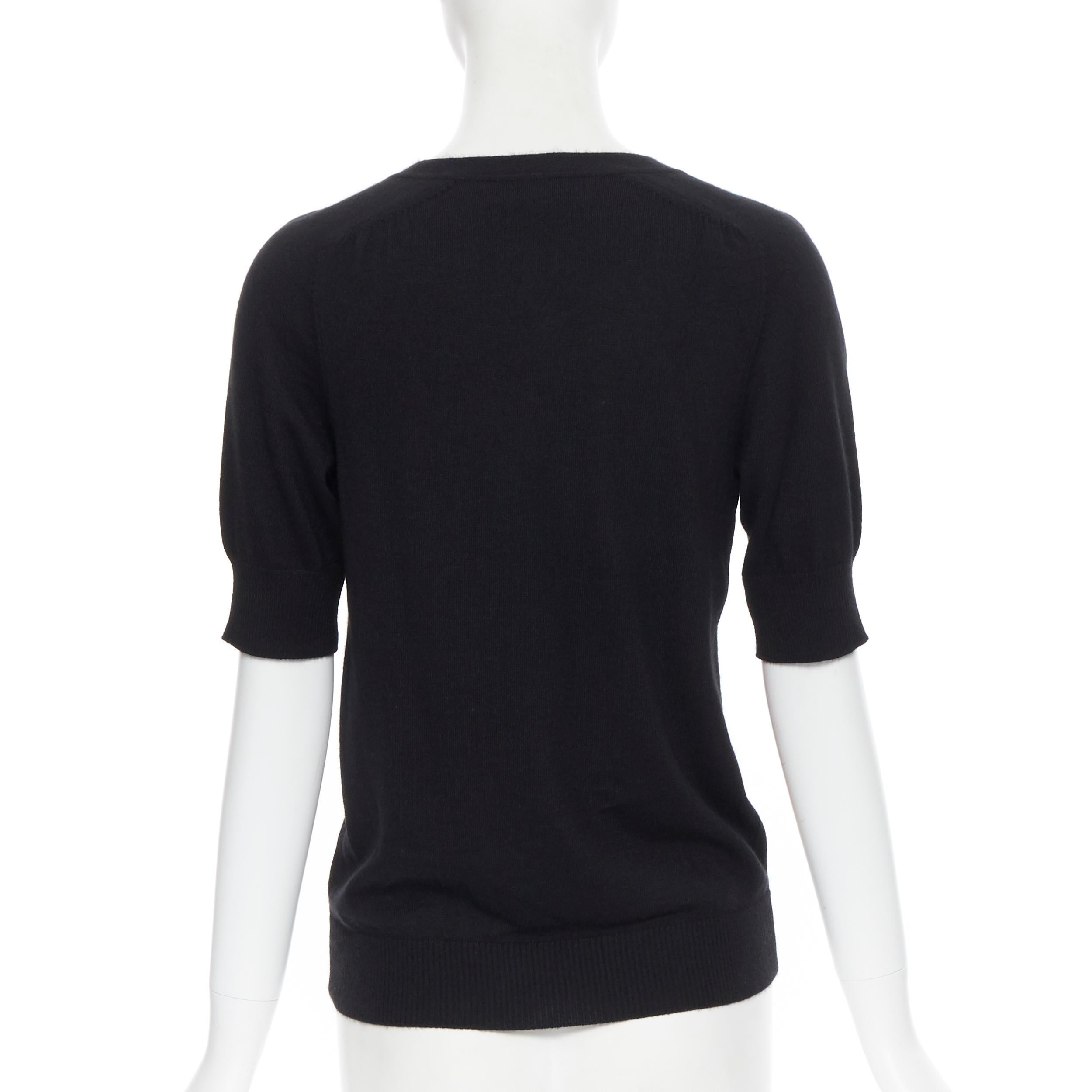 Beige HERMES PARIS signature silk print front black cashmere knit V-neck sweater Fr34 For Sale