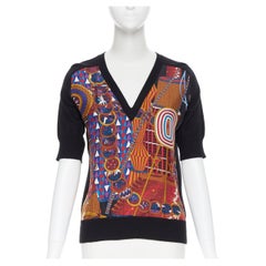 Hermès PARIS signature Pullover aus schwarzem Kaschmirstrick mit V-Ausschnitt und Seidendruck Fr34