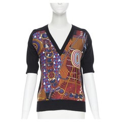 HERMES PARIS signature silk print front black cashmere knit V-neck sweater Fr34
