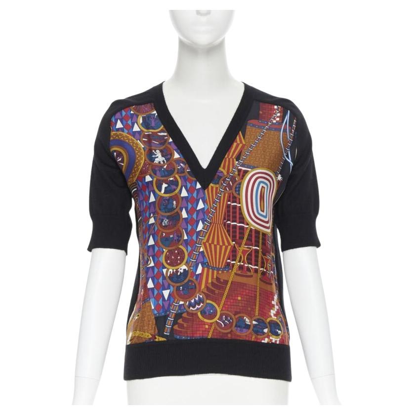 HERMES PARIS signature silk print front black cashmere knit V-neck sweater Fr34