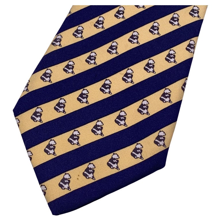 Hermes Paris Silk Blue Yellow Panda Stripes Print Neck Tie 7107 OA For ...