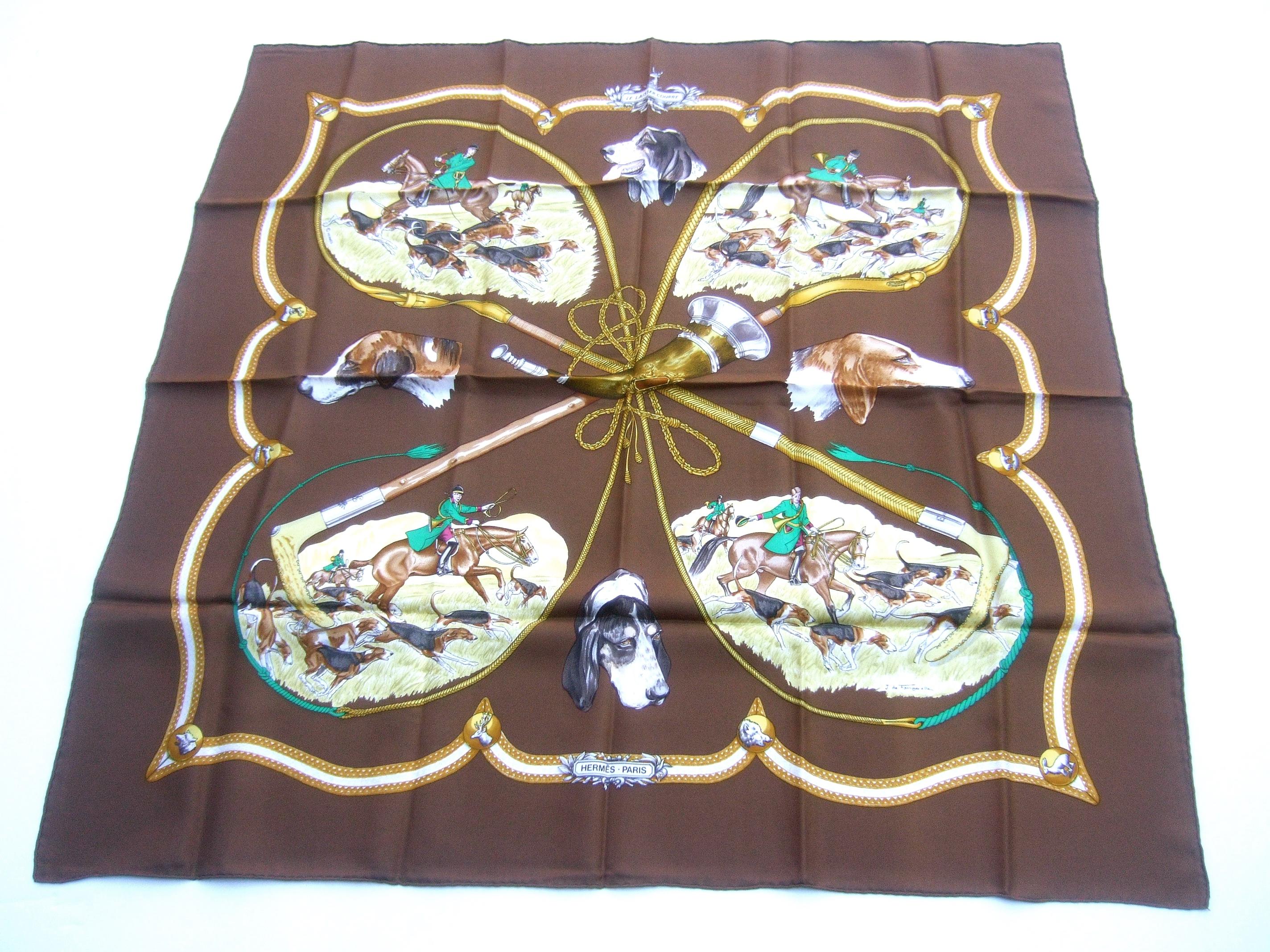 Hermes Paris Silk Equestrian Hunt Scene Hand Rolled Scarf c 1990s 6