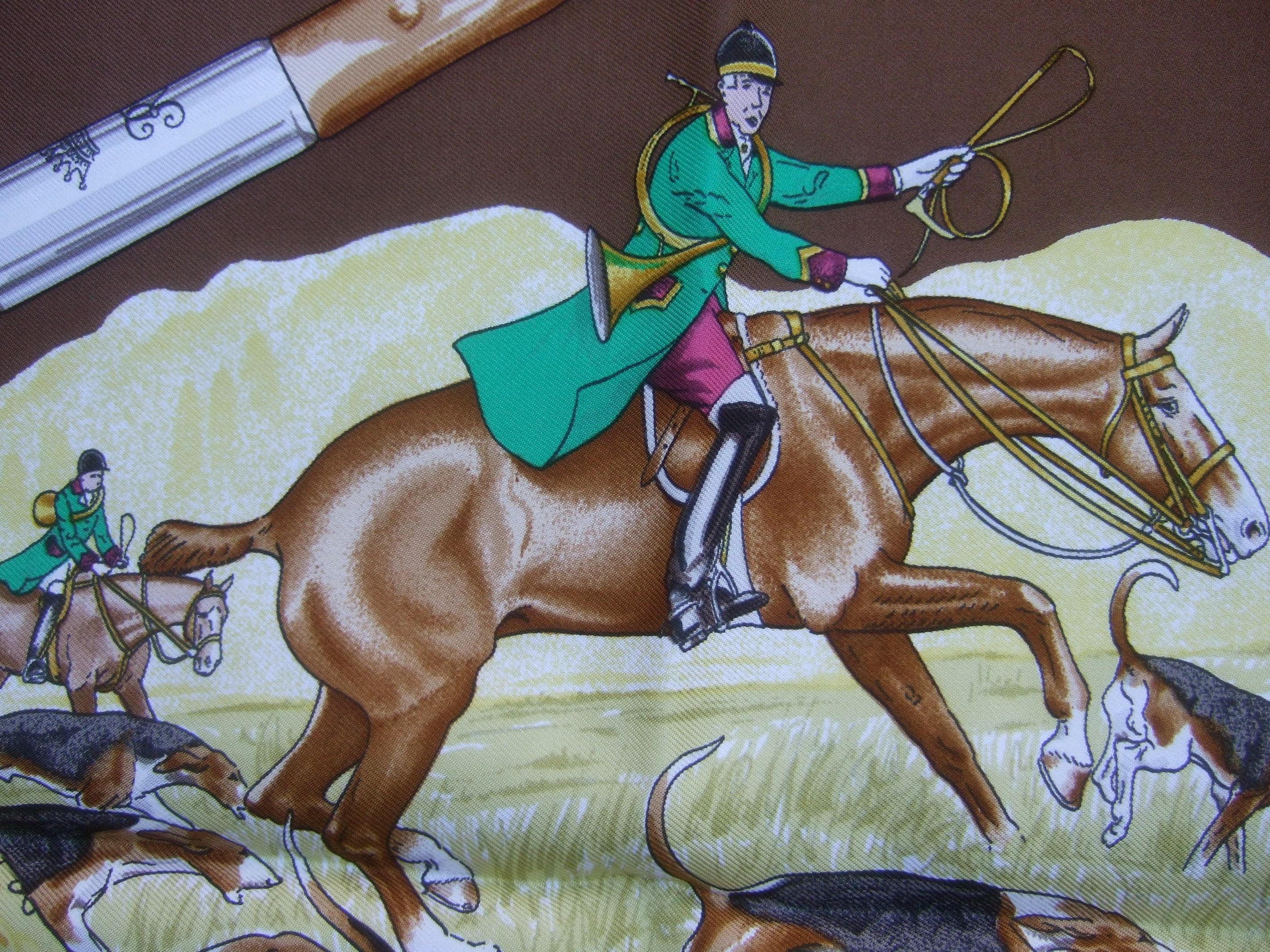 Hermes Paris Silk Equestrian Hunt Scene Hand Rolled Scarf c 1990s 7