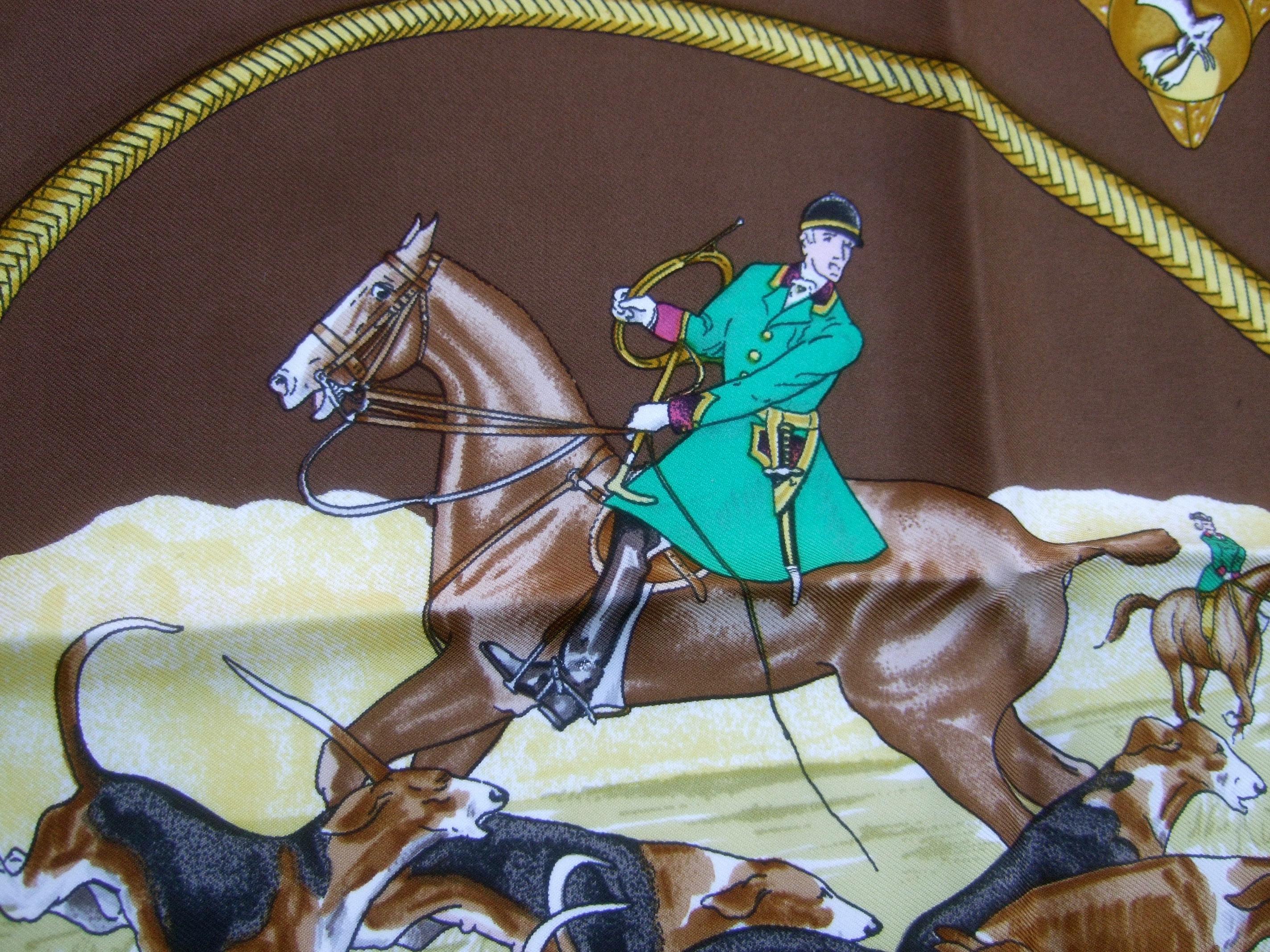 Hermes Paris Silk Equestrian Hunt Scene Hand Rolled Scarf c 1990s 8