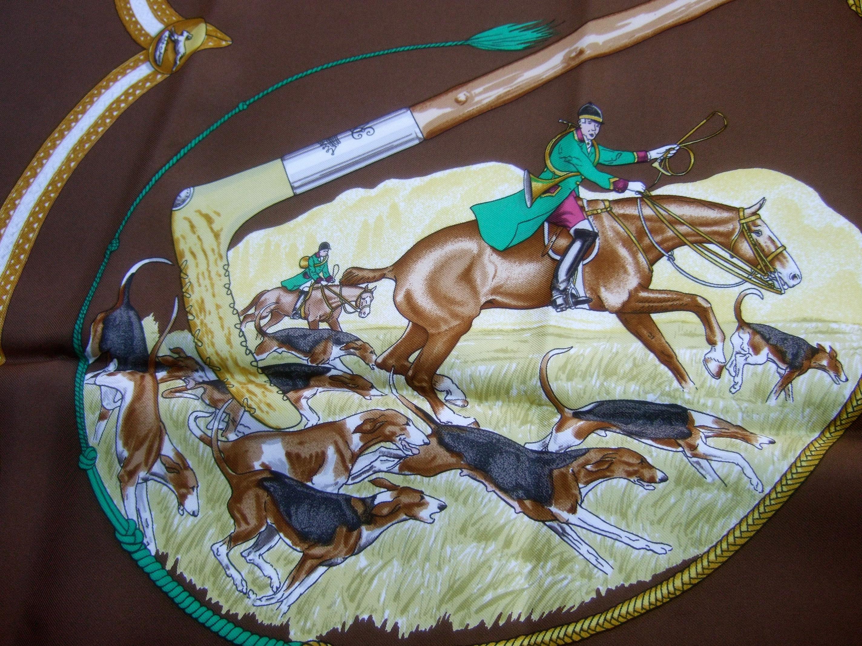 Gray Hermes Paris Silk Equestrian Hunt Scene Hand Rolled Scarf c 1990s