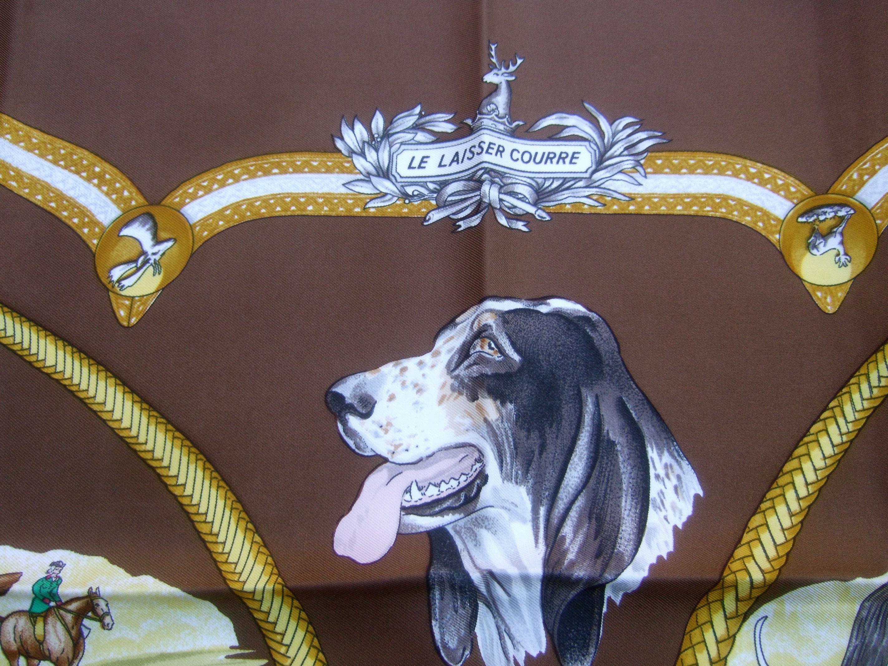 Hermes Paris Silk Equestrian Hunt Scene Hand Rolled Scarf c 1990s In Excellent Condition In University City, MO