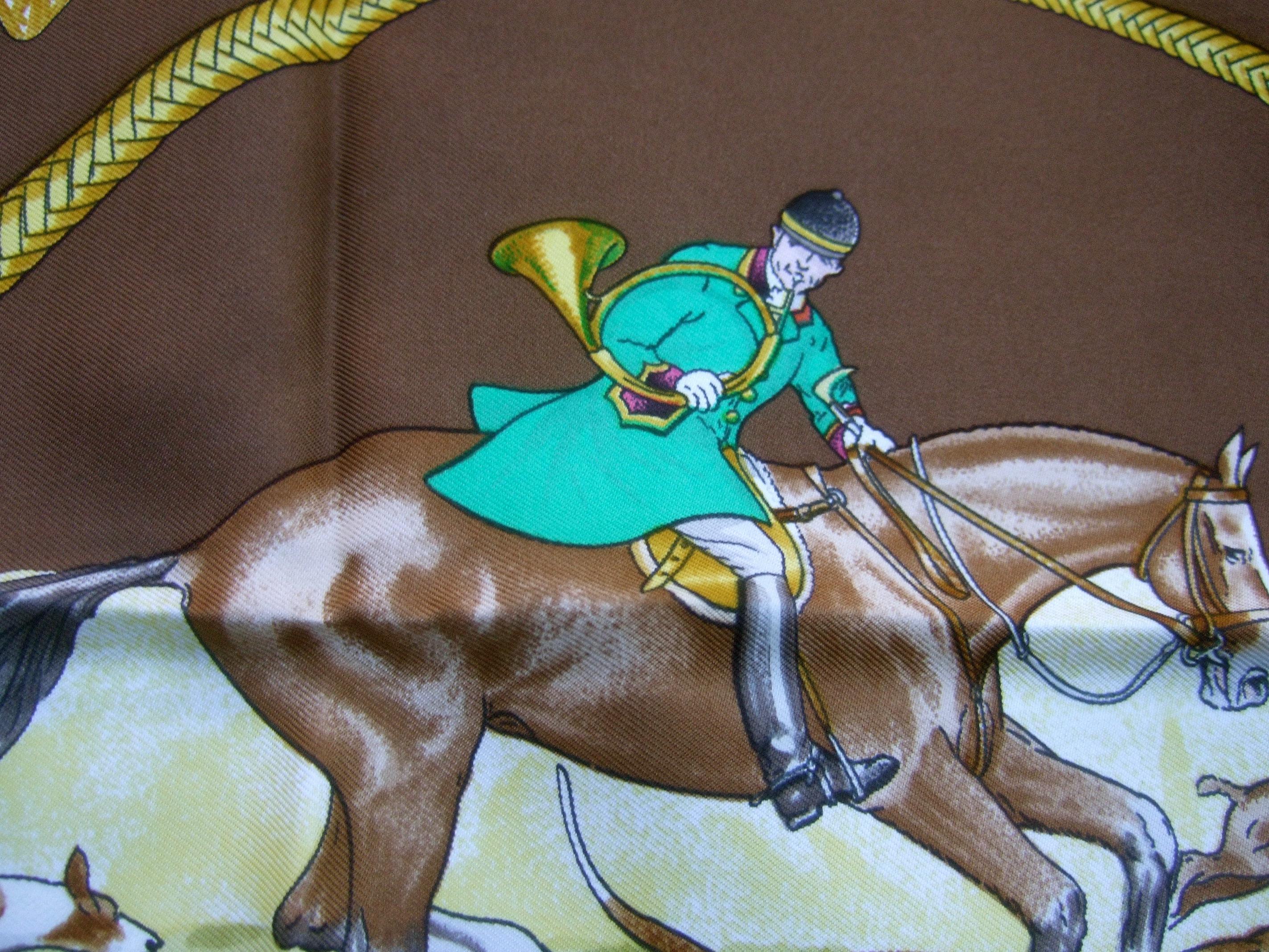 Women's Hermes Paris Silk Equestrian Hunt Scene Hand Rolled Scarf c 1990s