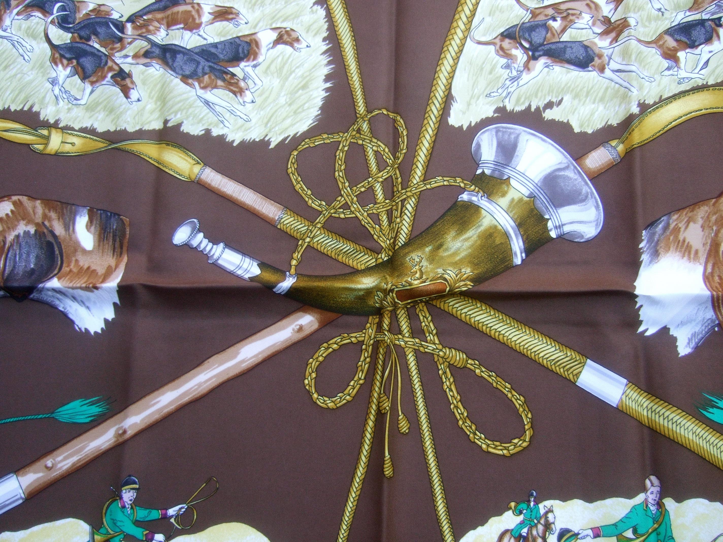 Hermes Paris Silk Equestrian Hunt Scene Hand Rolled Scarf c 1990s 2