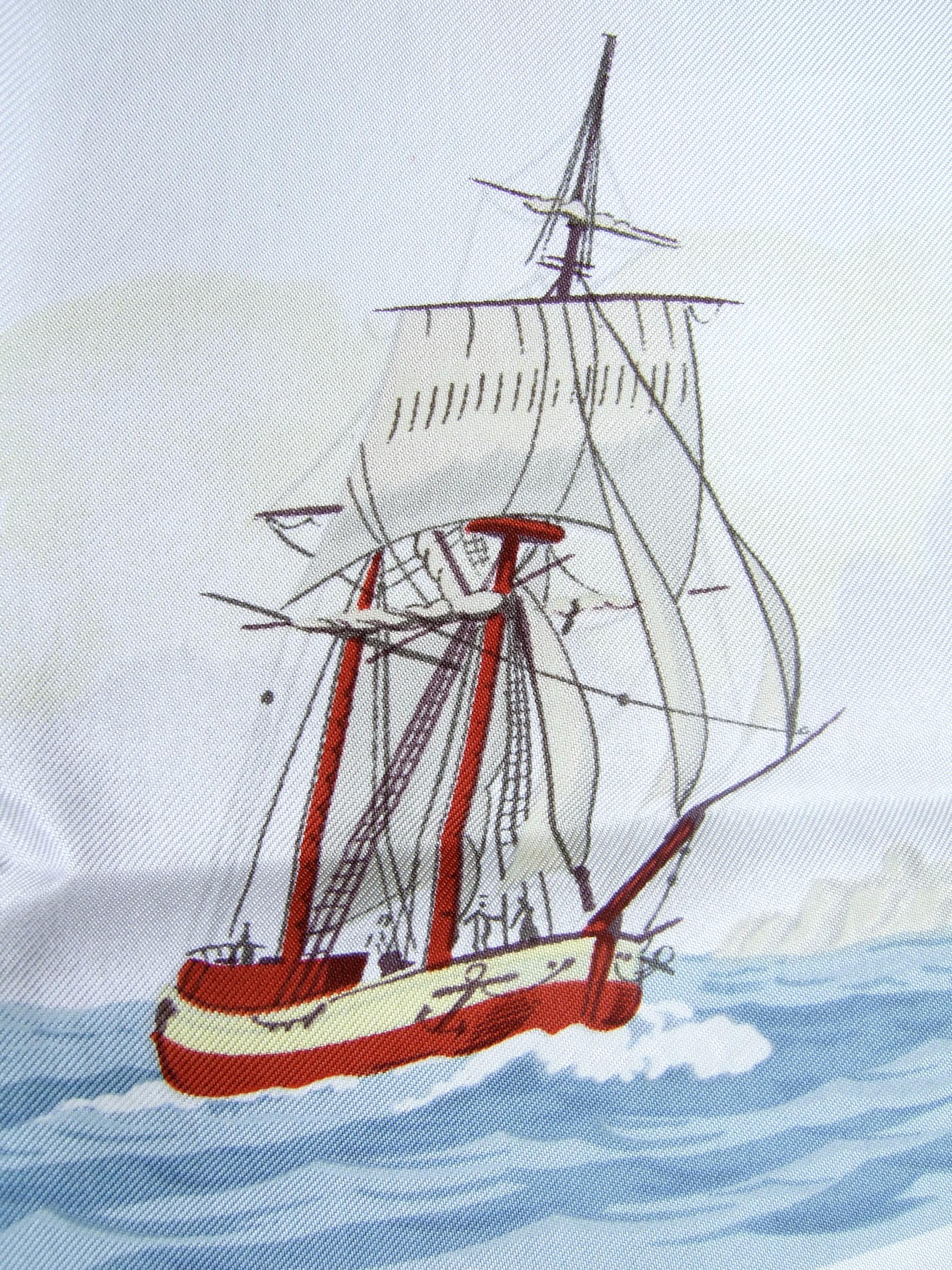 Hermes Paris Silk Hand Rolled Maritime Sailing Ships Scarf 34 x 35 c 1980s In Good Condition In University City, MO