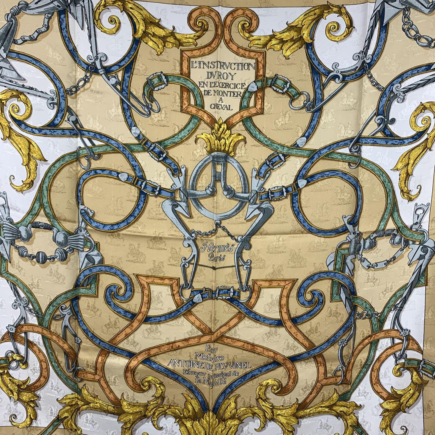 HERMES silk scarf named 'L'Instruction du Roy (en l'Exercice de Monter a Cheval)', by Henri d'Origny designed - first issued in 1993. 100% Jacquard Silk. The title and the idea for the design of this scarf derive from an ancient book, entitled 