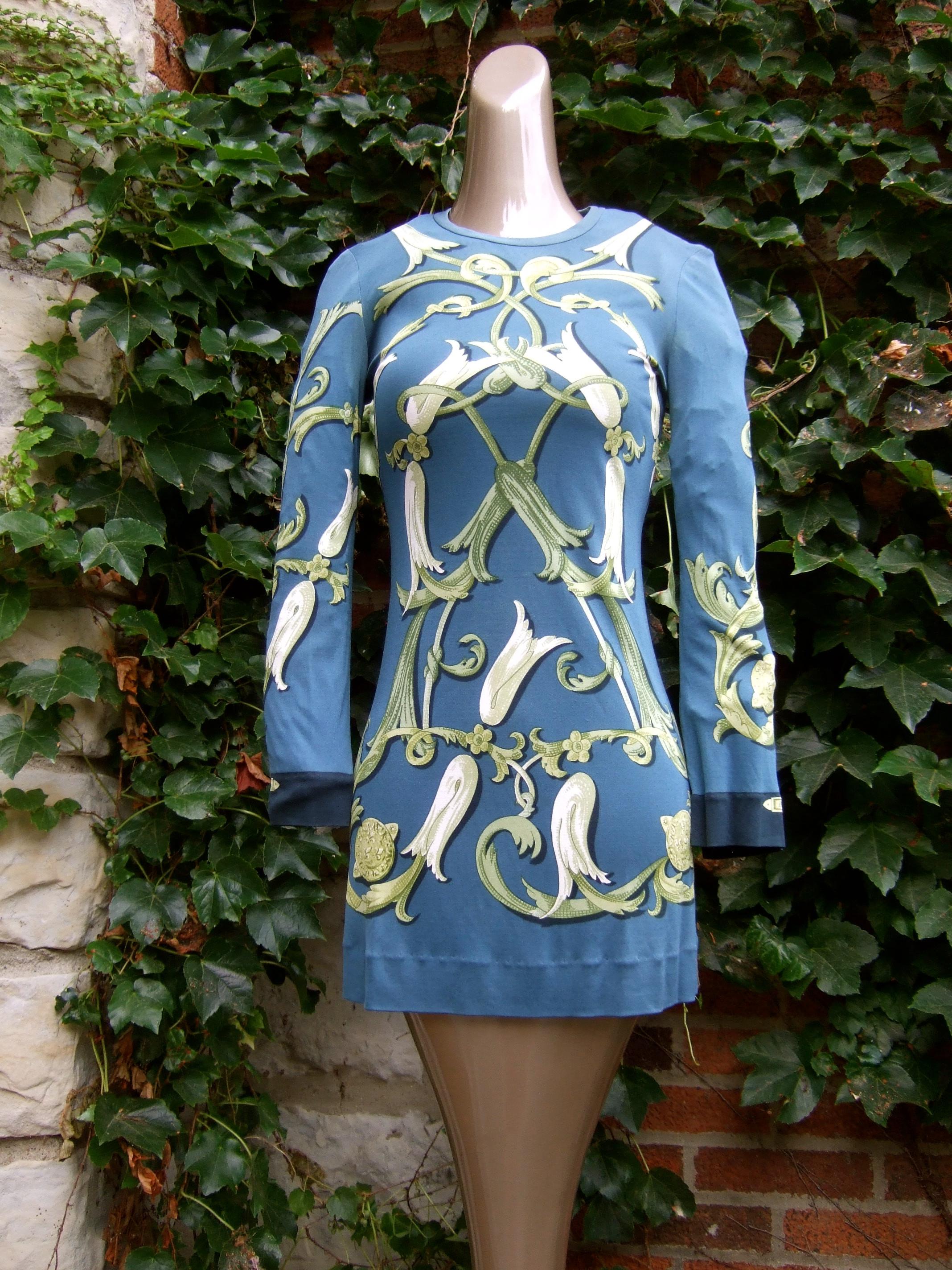 Hermes Paris Silk Jersey Floral Baroque Tunic Mini Dress c 1990s 5