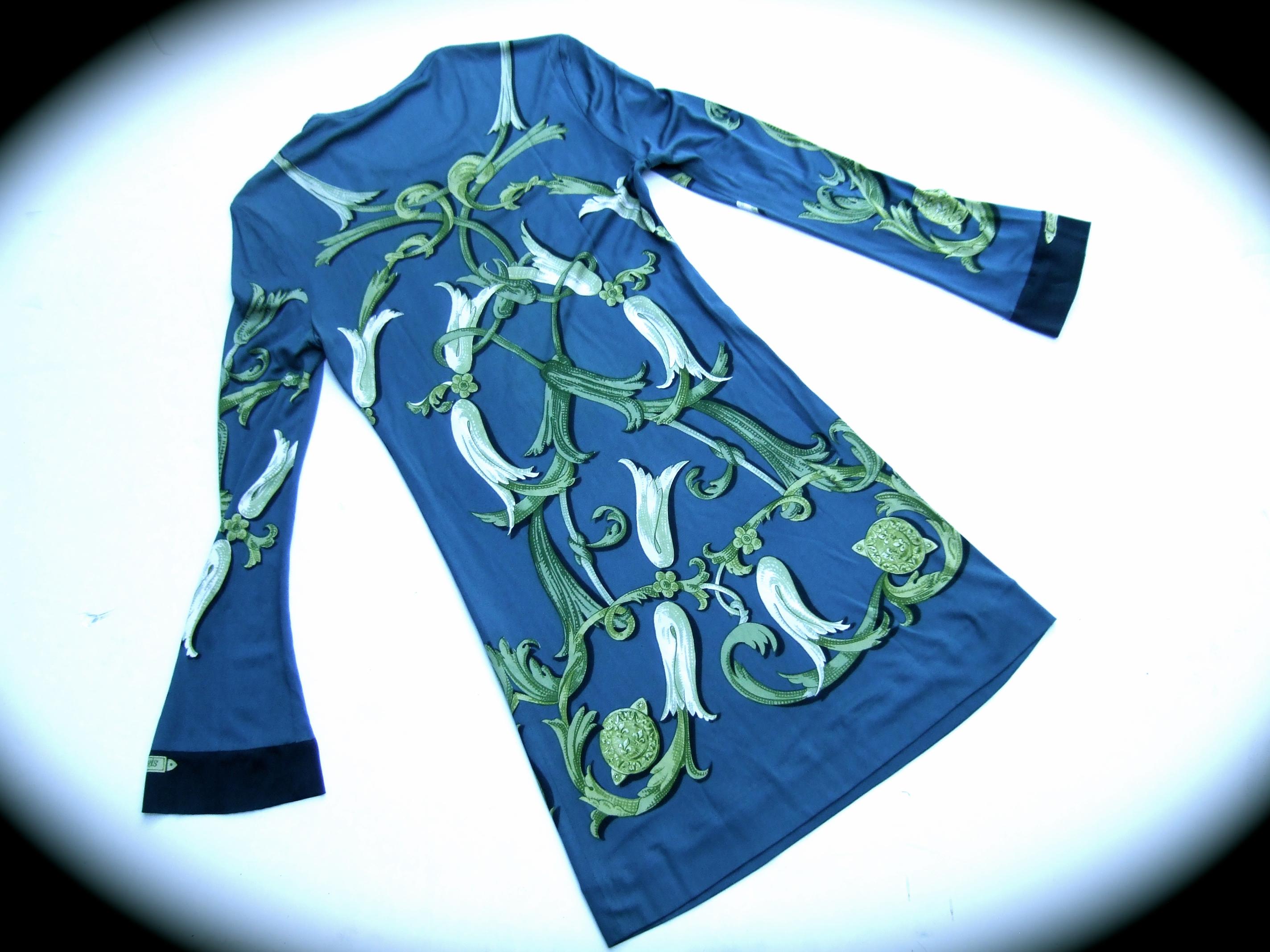 Blue Hermes Paris Silk Jersey Floral Baroque Tunic Mini Dress c 1990s
