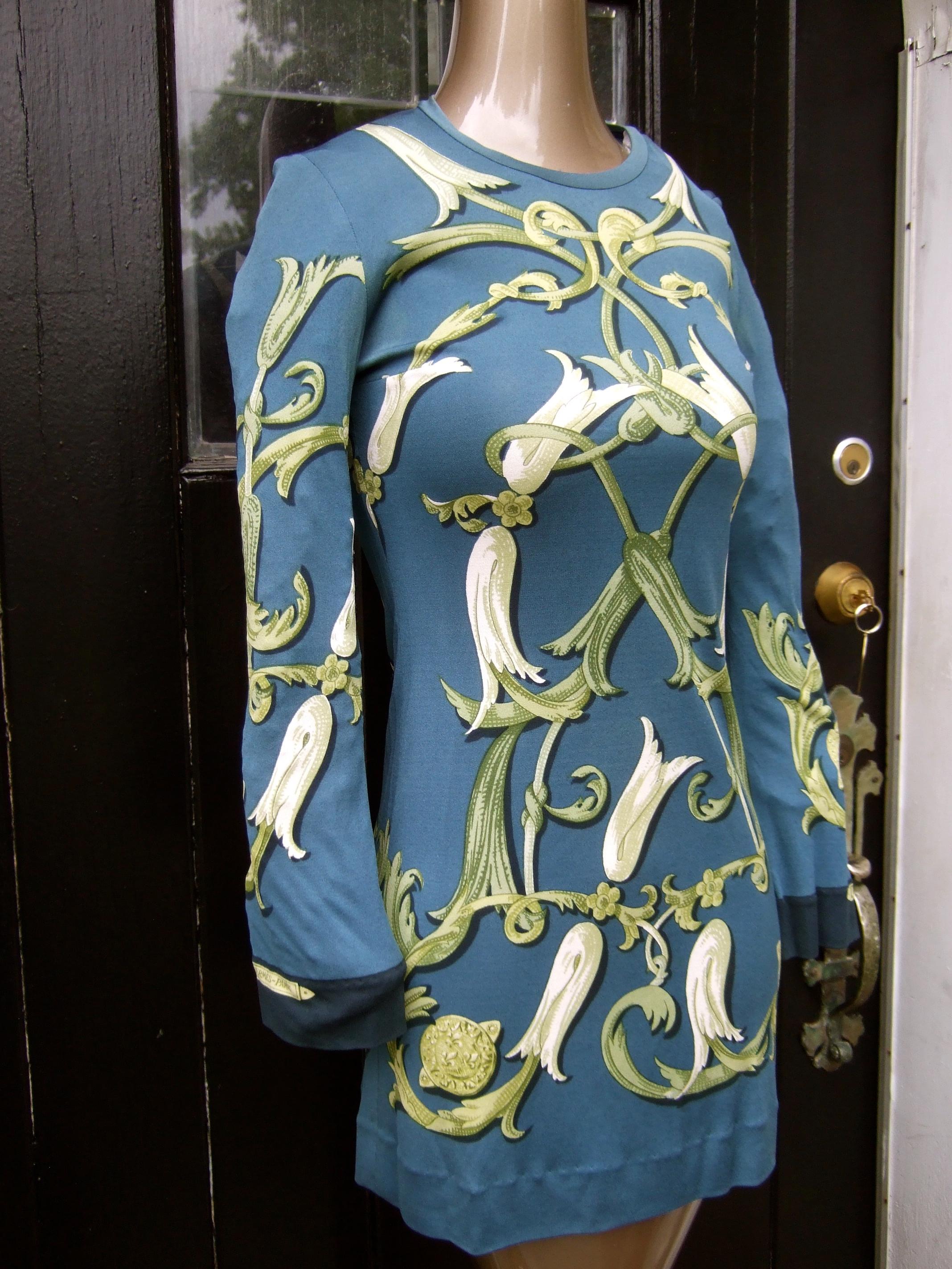 Hermes Paris Silk Jersey Floral Baroque Tunic Mini Dress c 1990s In Fair Condition In University City, MO