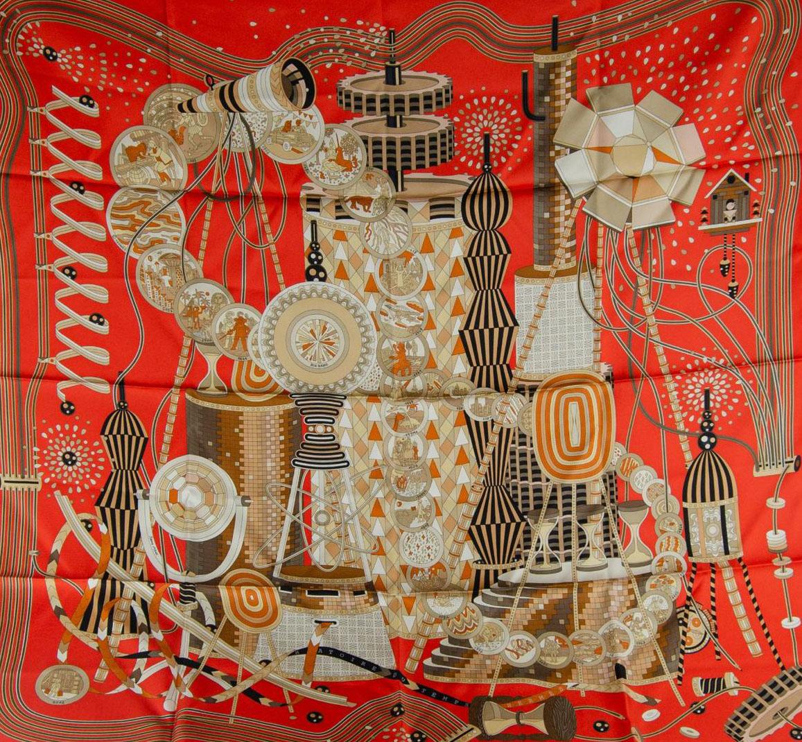 Hermes Paris Silk Scarf from the 90s
Beautiful scarf in warm colors, primarily red with geometric and surreal patterns, showing the machinery and the passage of time of humanity. This garment has never been used and is in its original packaging from