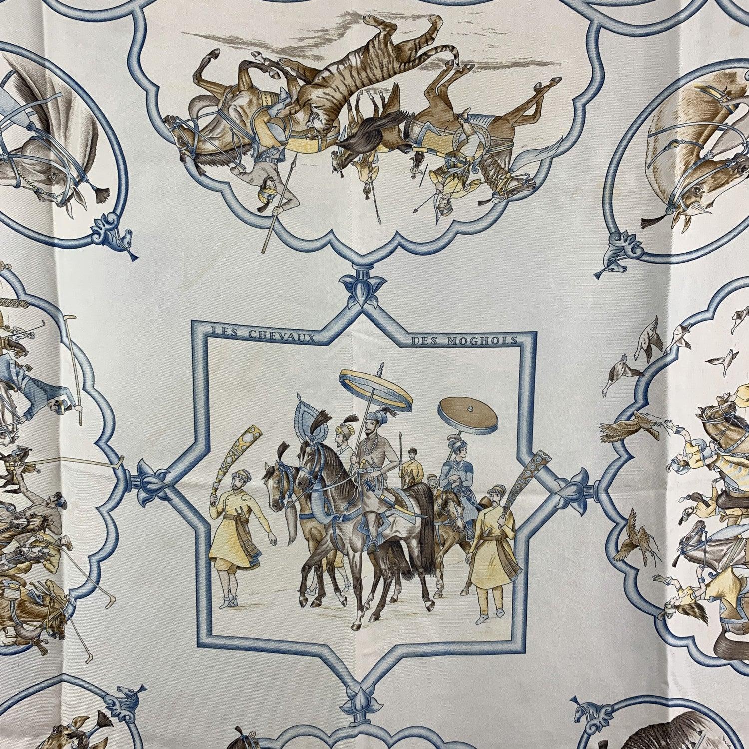 Step into the windswept steppes of Central Asia with this exquisite Hermès Paris silk scarf, Les Chevaux de Moghols. A tribute to the majesty and motion of the Mongol Empire, this piece features richly detailed illustrations of noble horsemen