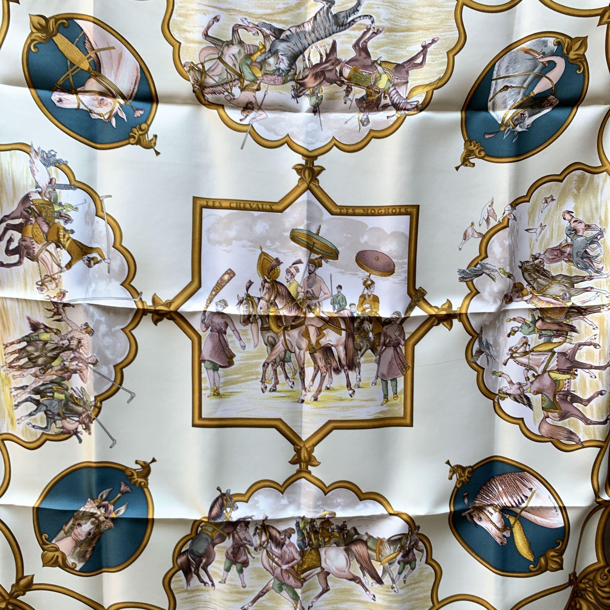 Brown Hermes Paris Silk Scarf Les Chevaux des Moghols 1993 De Fougerolle For Sale