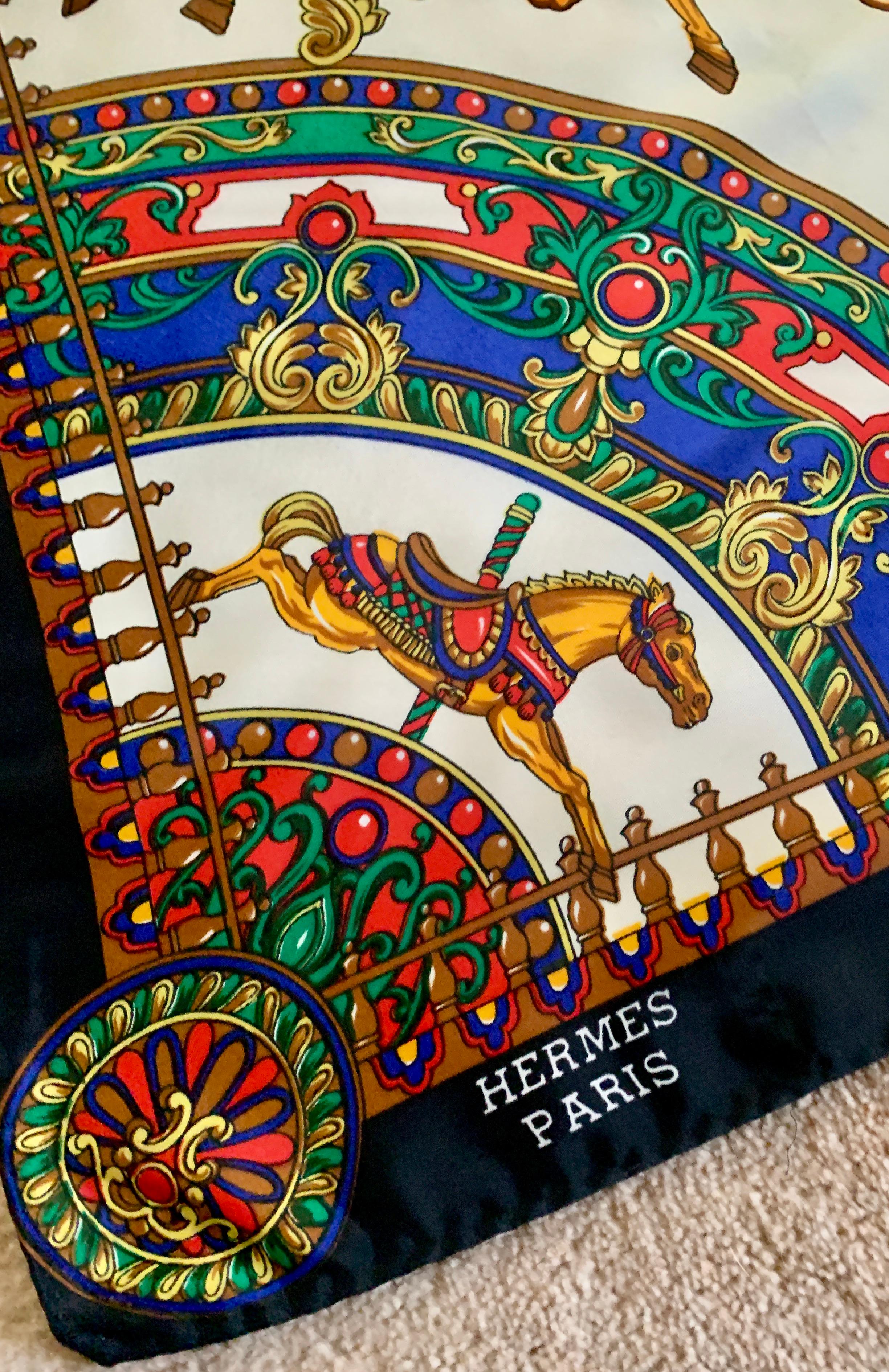 Aesthetic Movement Hermes Paris Silk Scarf with Carousel Horse Pattern For Sale