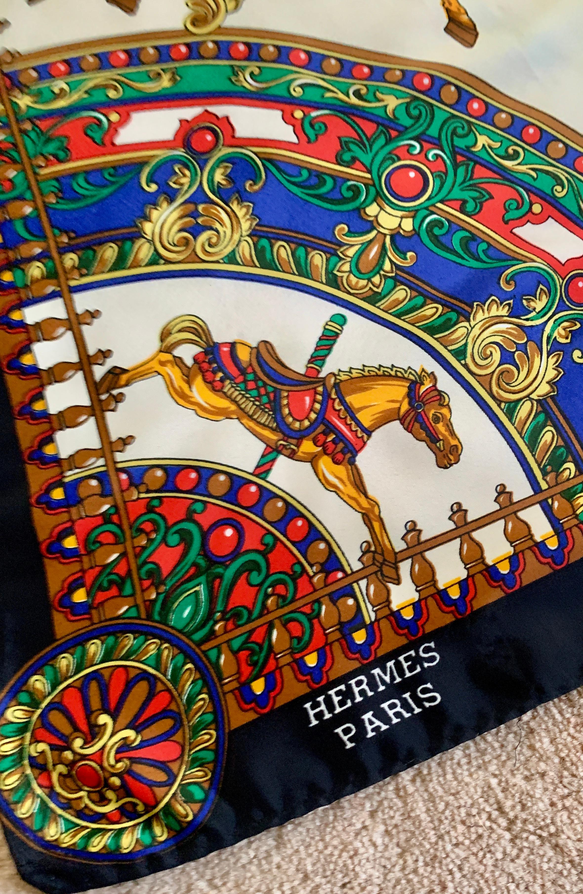 French Hermes Paris Silk Scarf with Carousel Horse Pattern For Sale