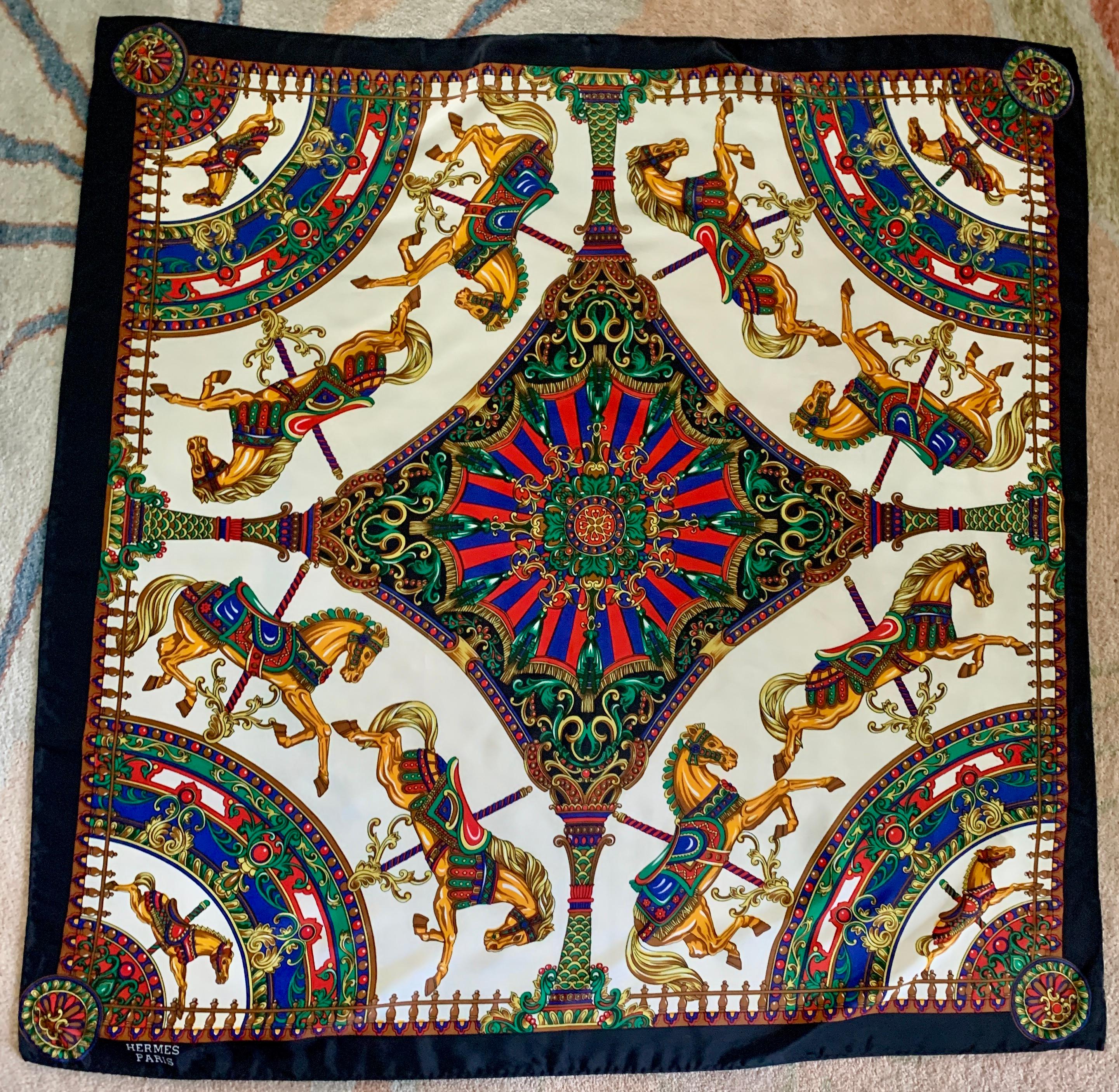 Hermes Paris Silk Scarf with Carousel Horse Pattern In Good Condition For Sale In Los Angeles, CA