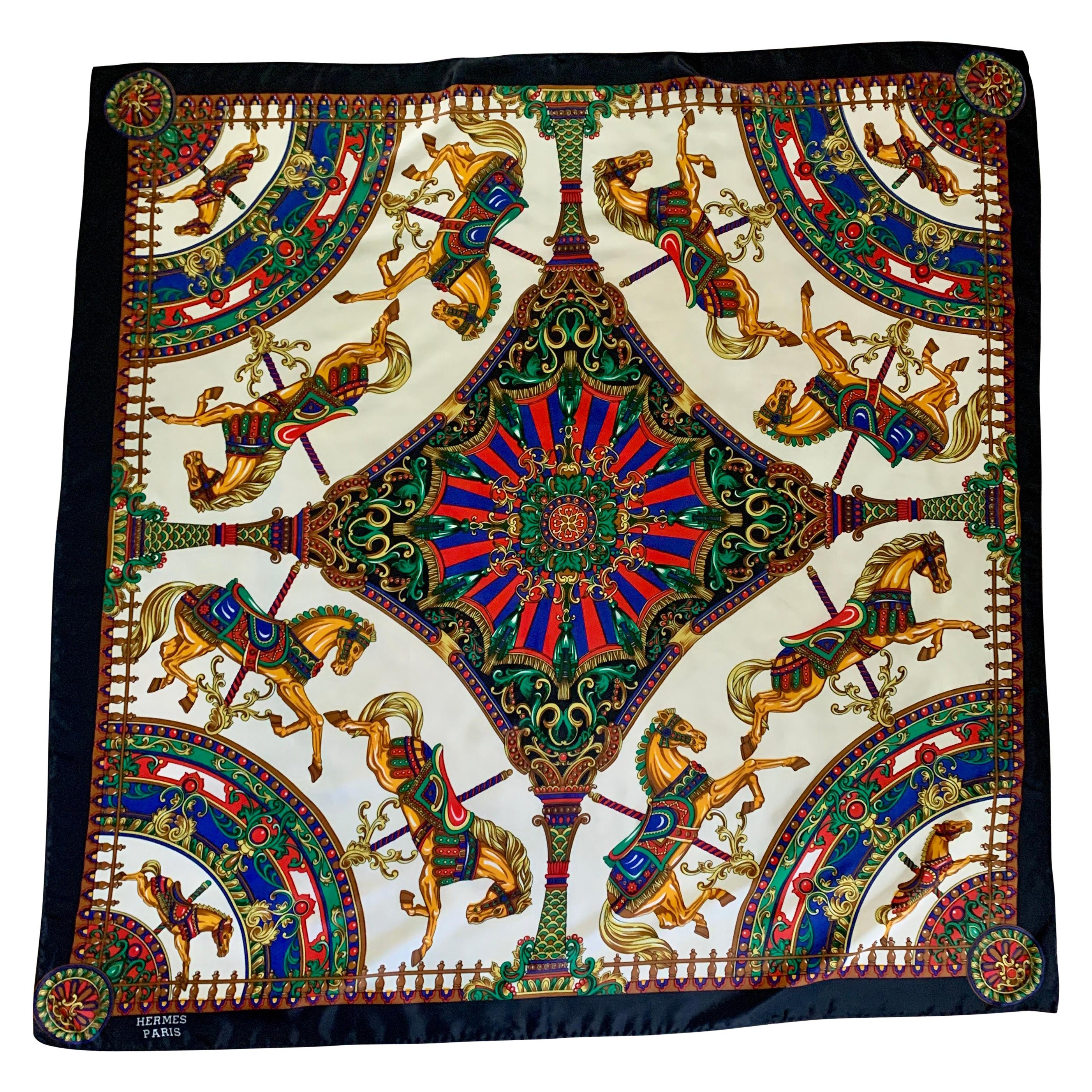 Hermes Paris Silk Scarf with Carousel Horse Pattern For Sale